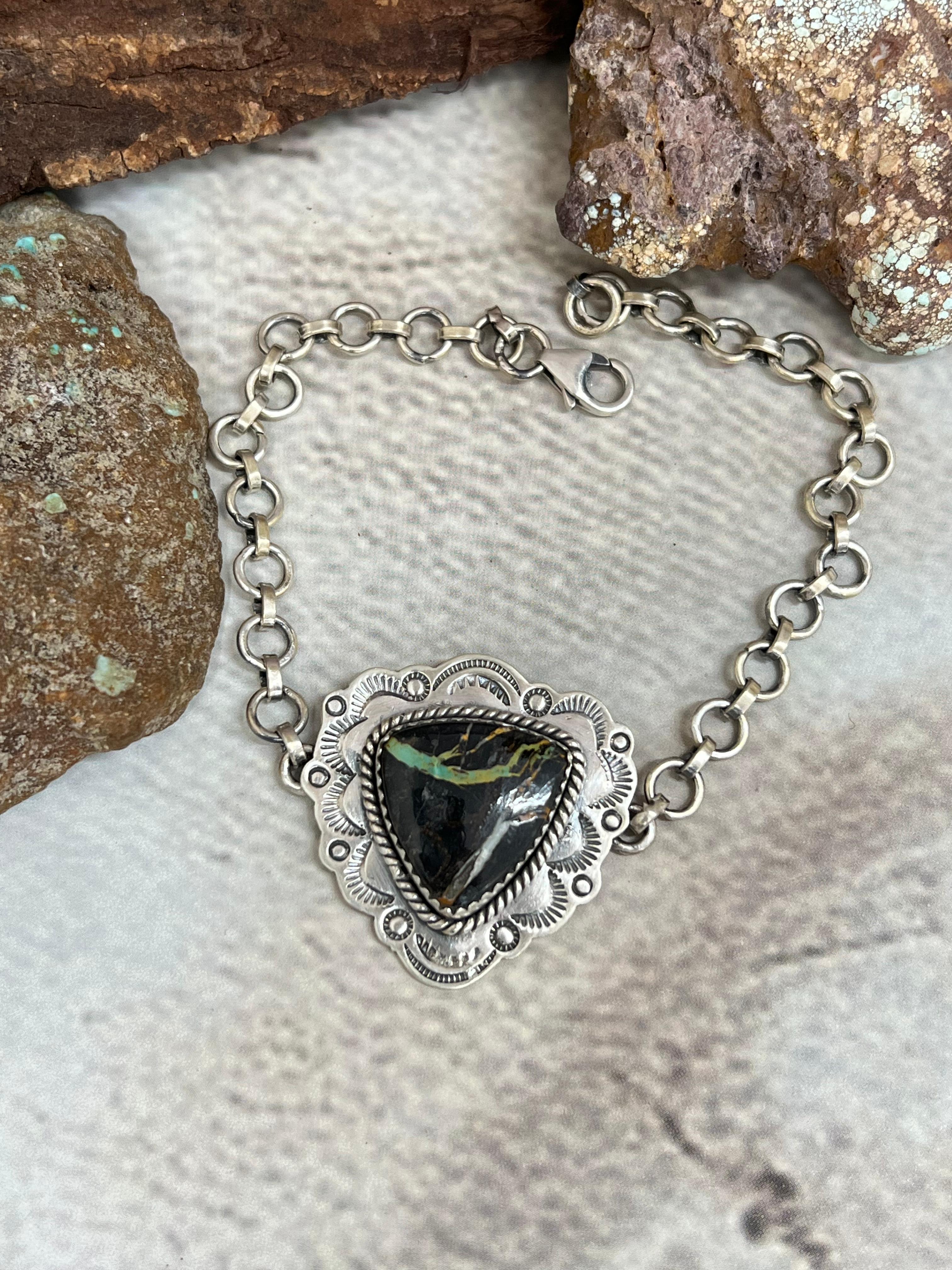 Handmade Sterling Silver Blackjack Turquoise Chain Bracelet Signed Nizhoni