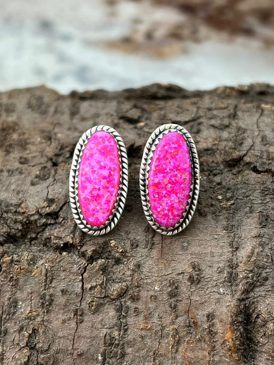 Handmade Sterling Silver Hot Pink Post Studs Earrings "Signed Nizhoni"