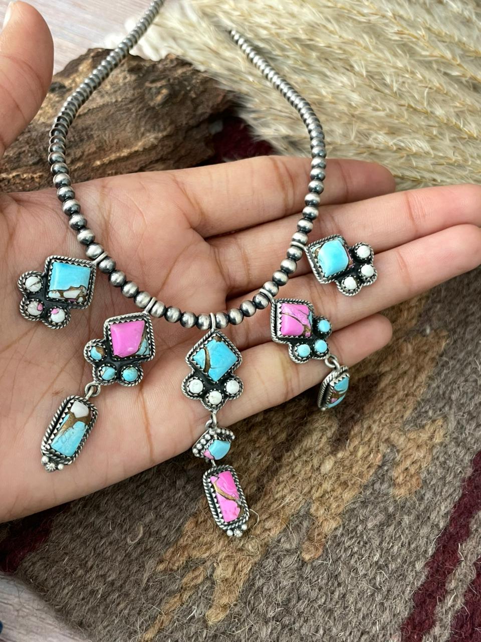 Handmade Sterling Silver Cotton Candy Beaded Necklace "Signed Nizhoni"