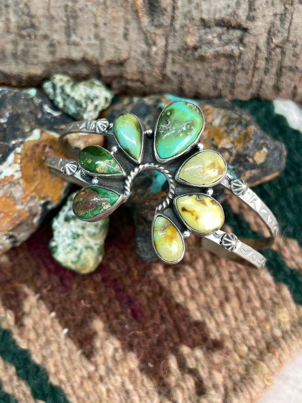 Handmade Sterling Silver Sonoran Mountain Turquoise with Palomino Turquoise Naja Cuff Bracelet "Signed Nizhoni"