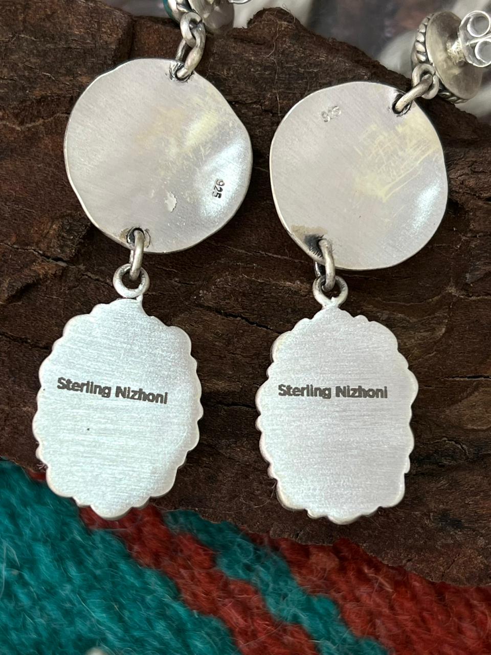 Handmade Sterling Silver Kingman Turquoise Post Dangle Earrings "Signed Nizhoni"