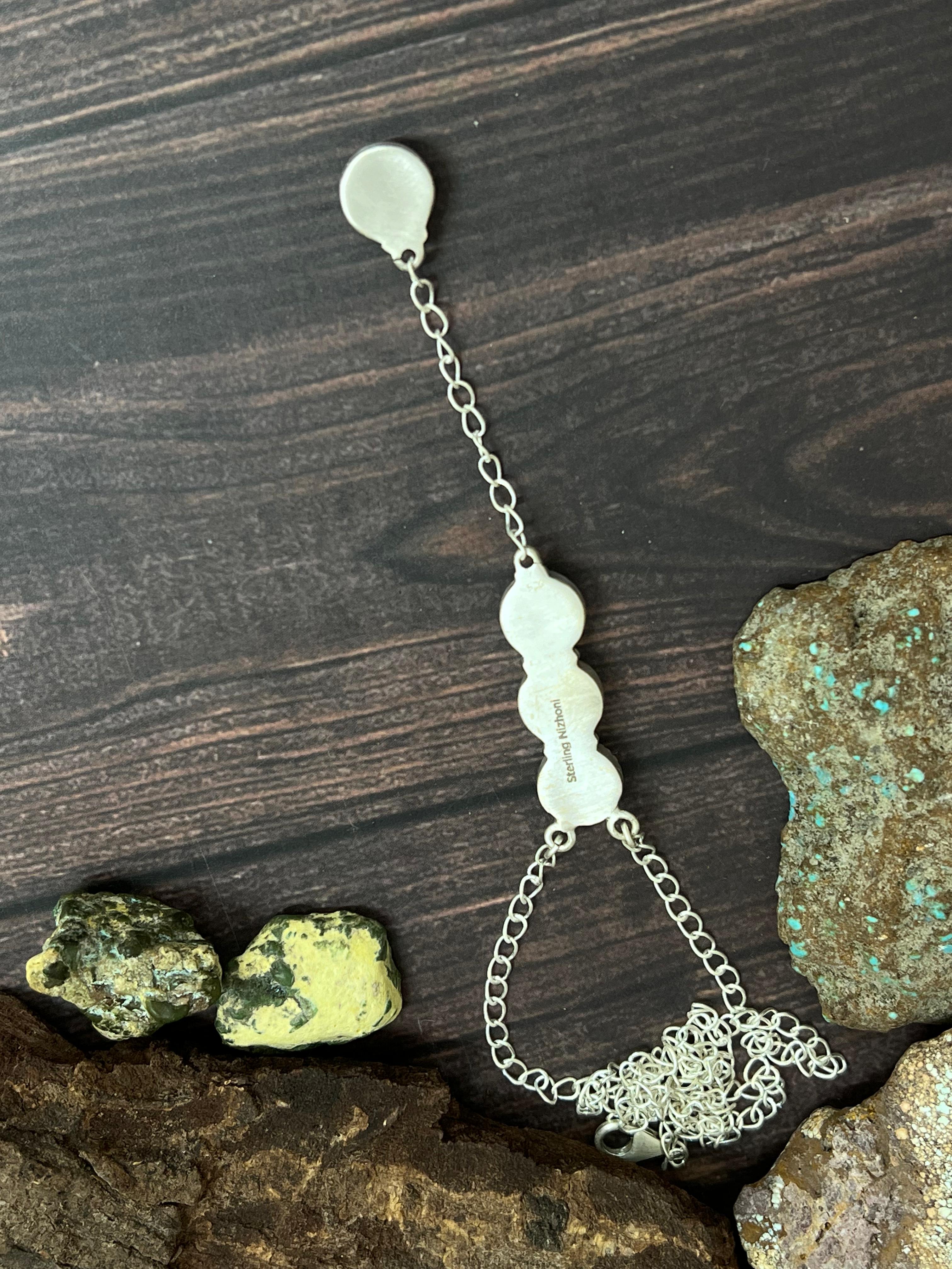 Handmade Sterling Silver Kingman Turquoise Necklace with Signed Nizhoni