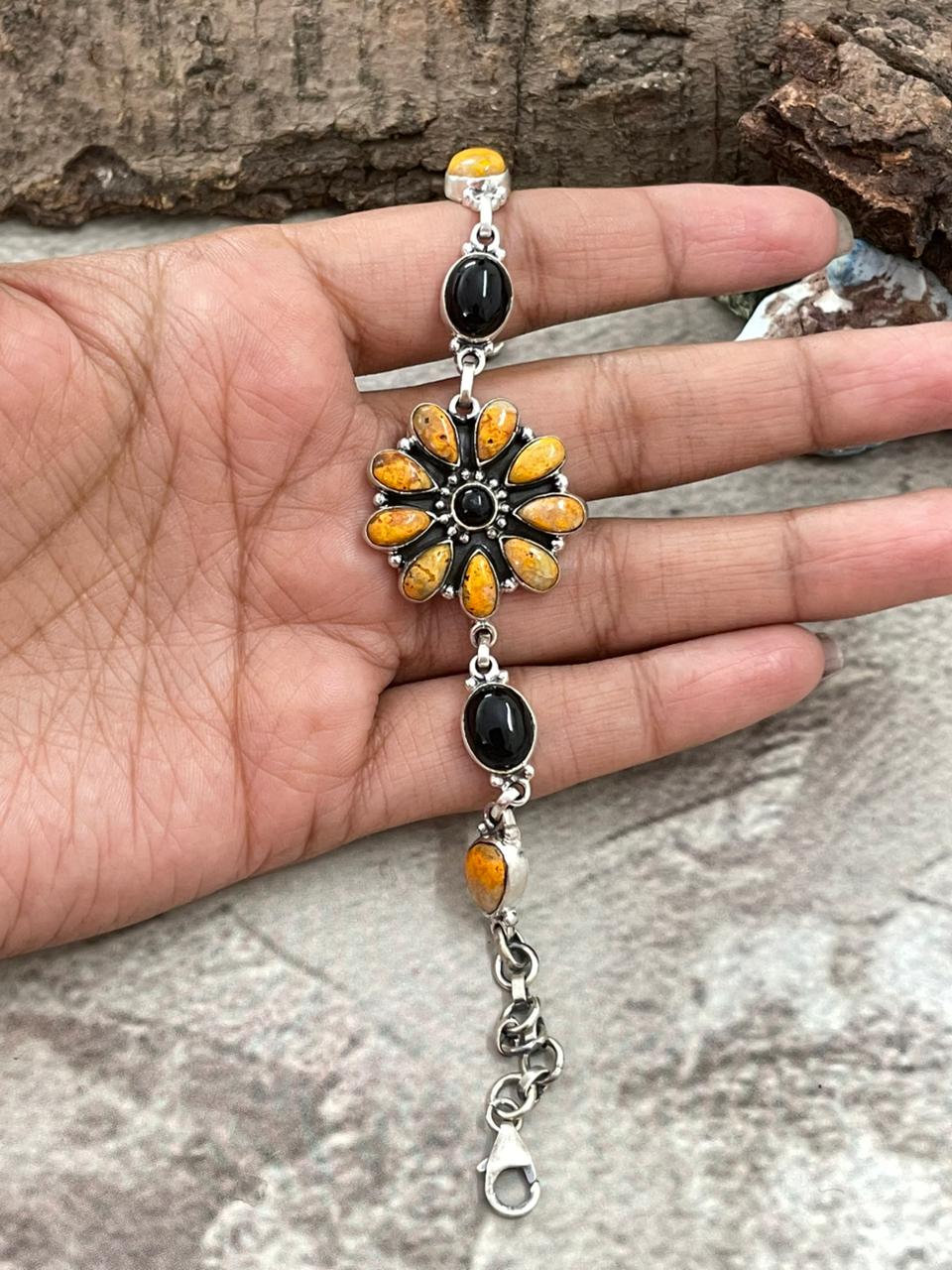 "Halloween Collection" Handmade Sterling Silver Black Onyx, Bumblebee Chain Bracelet with Signed Nizhoni