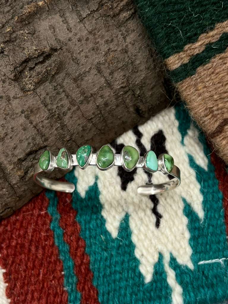Handmade Sterling Silver Emerald Valley Turquoise Bracelet with Signed Nizhoni