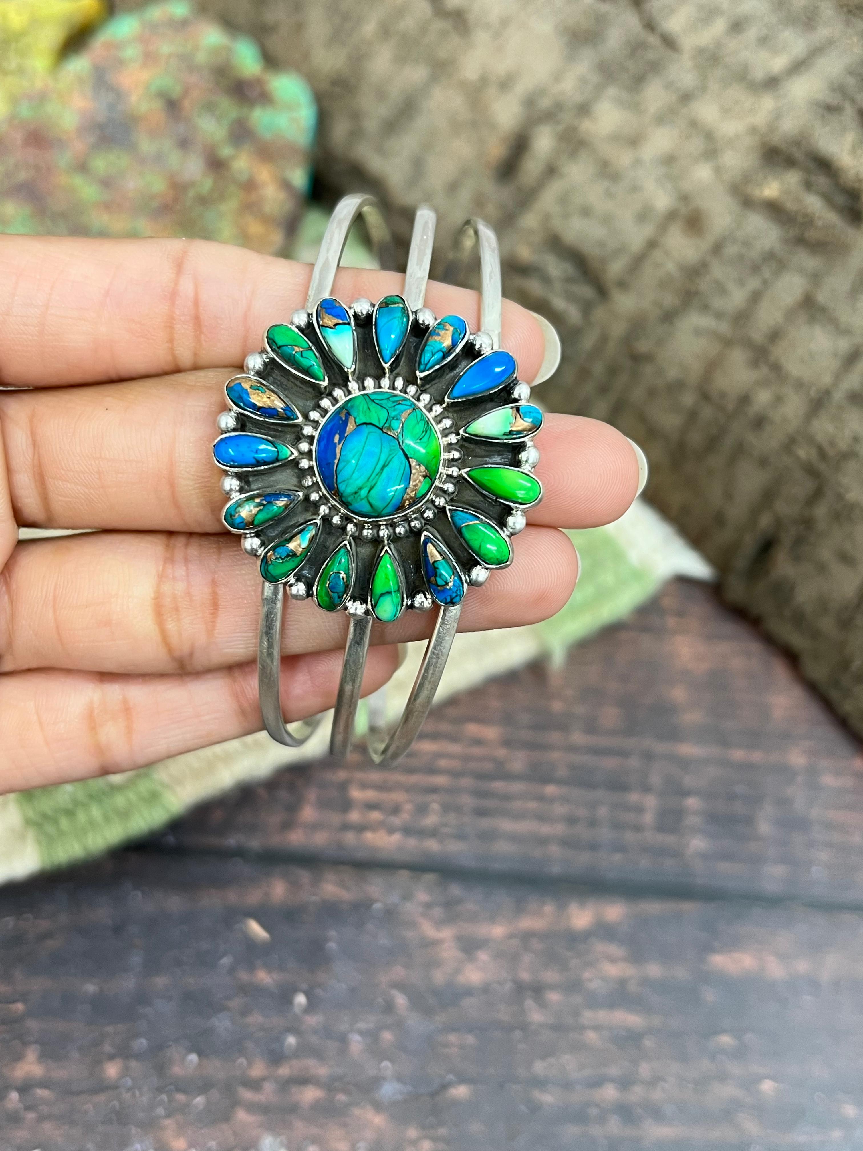 Handmade Sterling Silver Peacock Dahlia Cuff Bracelet with Signed Nizhoni