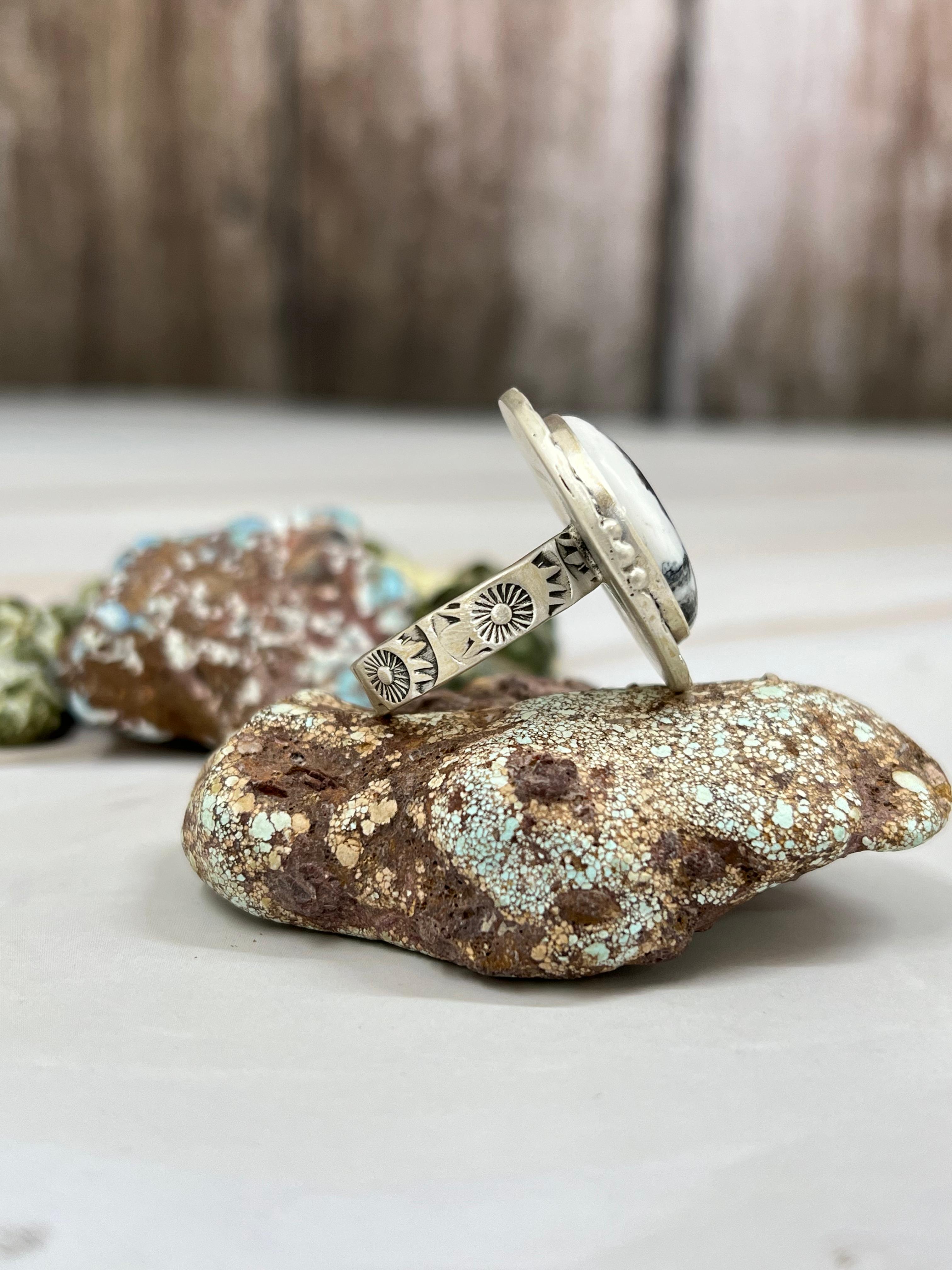 Handmade Sterling Silver White Buffalo Turquoise Adjustable Ring with Signed Nizhoni (8)