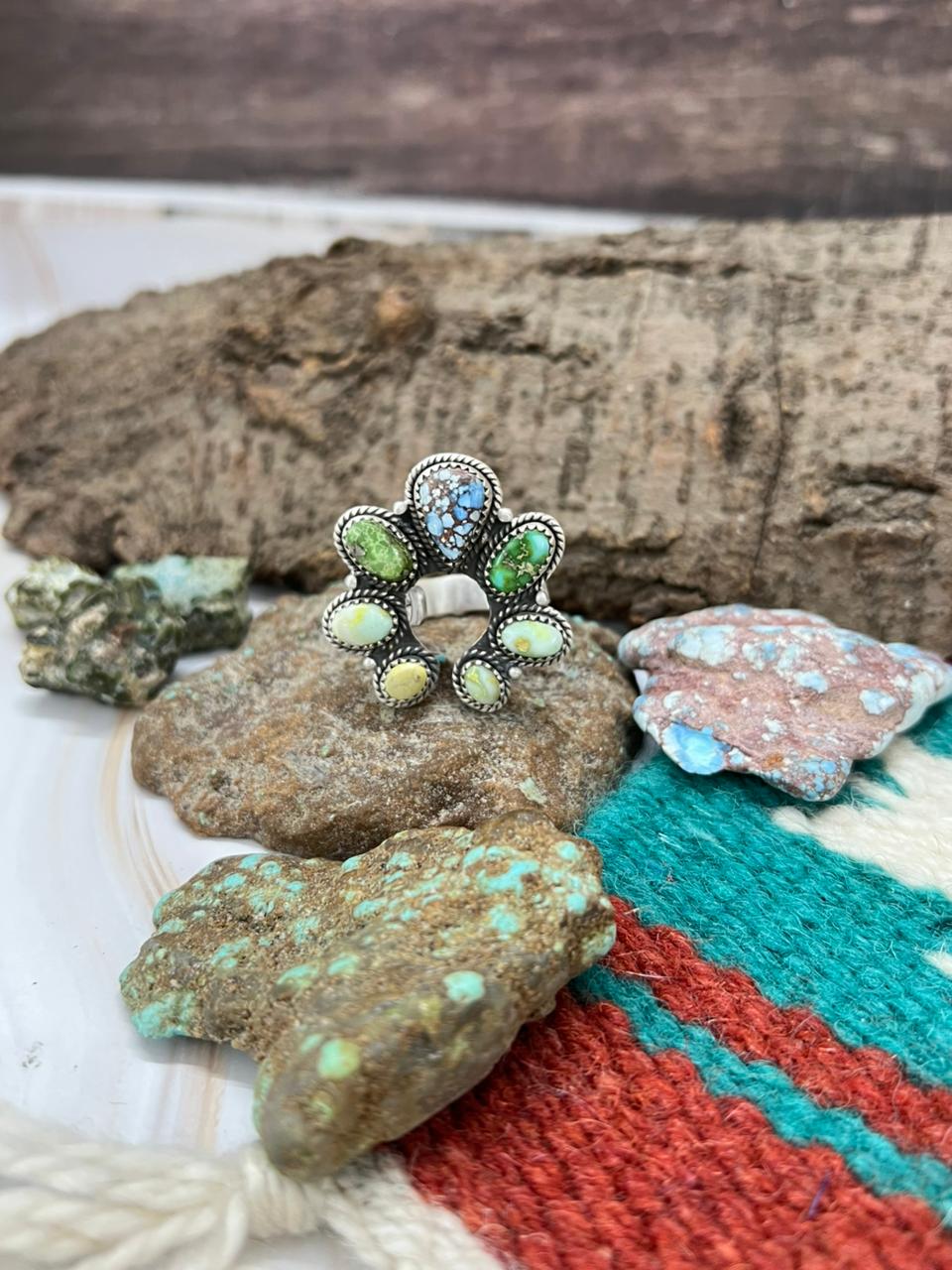 Handmade Sterling Silver Palomino with Golden Hills and Sonoran Mountain Turquoise Adjustable Ring " Signed Nizhoni"