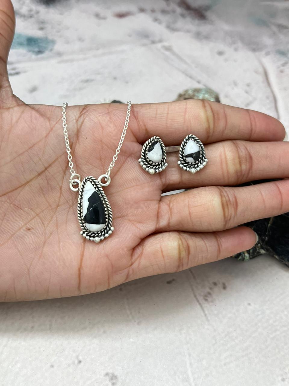 Handmade Sterling Silver White Buffalo Necklace Earrings Set "Signed Nizhoni"