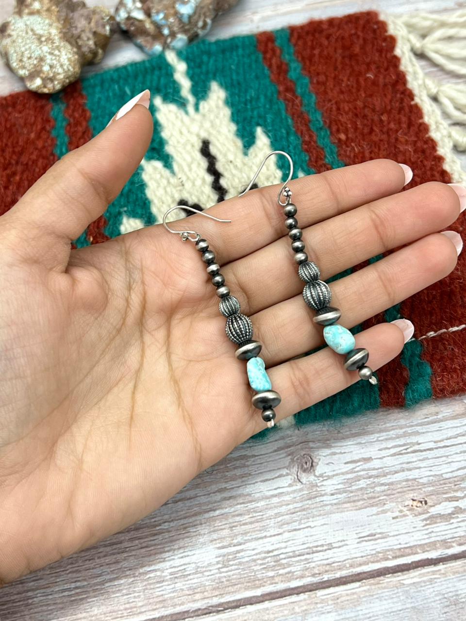 Handmade Sterling Silver Beaded White Water Hook Dangle Earrings "Signed Nizhoni"