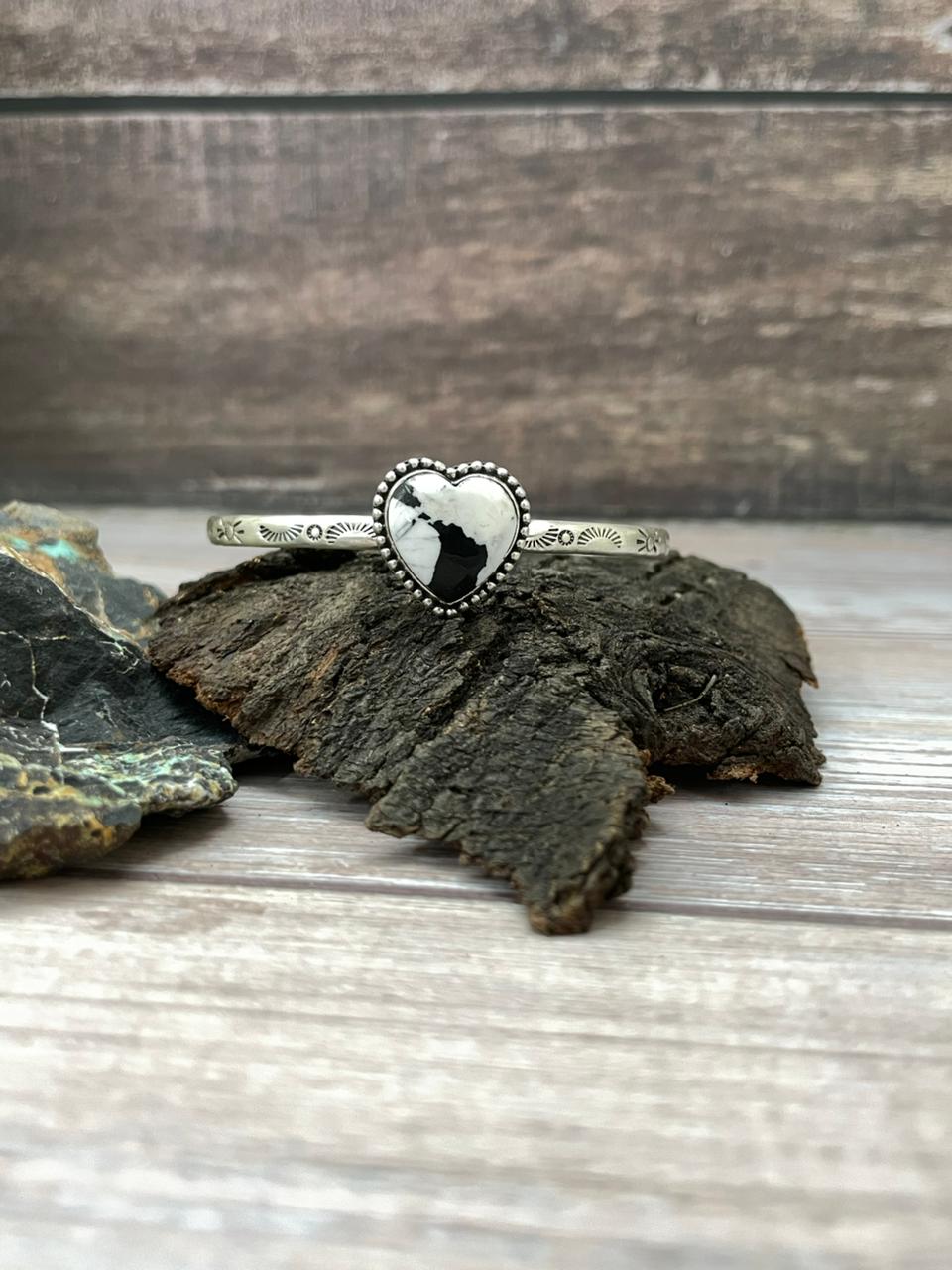 Handmade Sterling Silver White Buffalo Heart Cuff Bracelet "Signed Nizhoni"