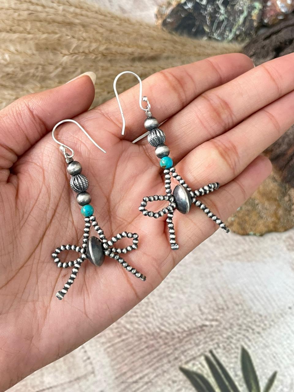 Handmade Sterling Silver Kingman Turquoise Hook Beaded Earrings
