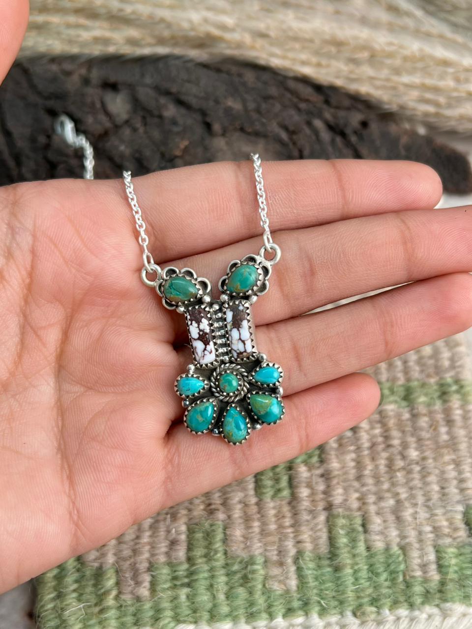 Handmade Sterling Silver Kingman Turquoise with Wildhorse Magnesite Necklace "Signed Nizhoni"