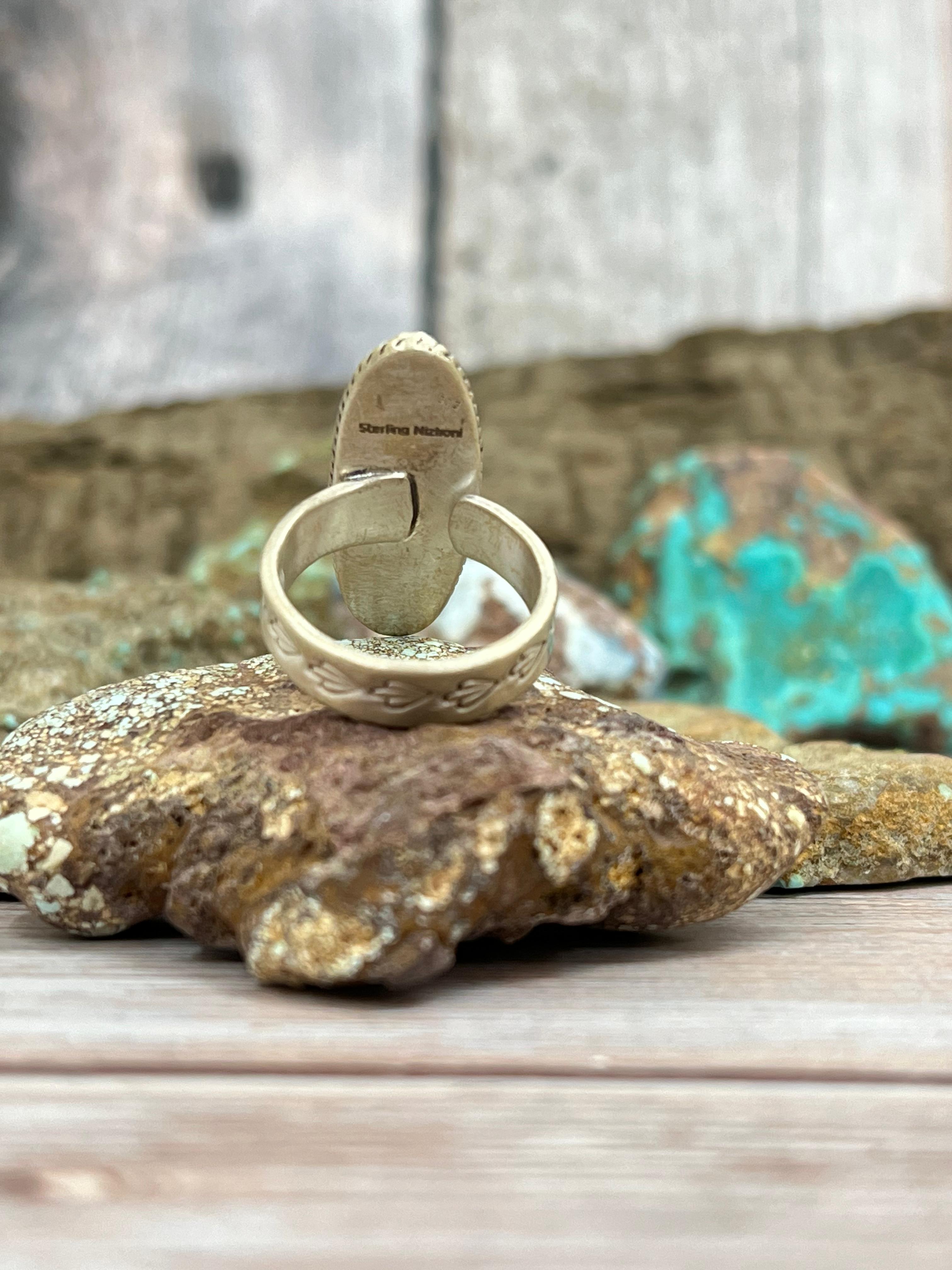 Handmade Sterling Silver Blue Ice Dahlia Adjustable Ring with Signed Nizhoni