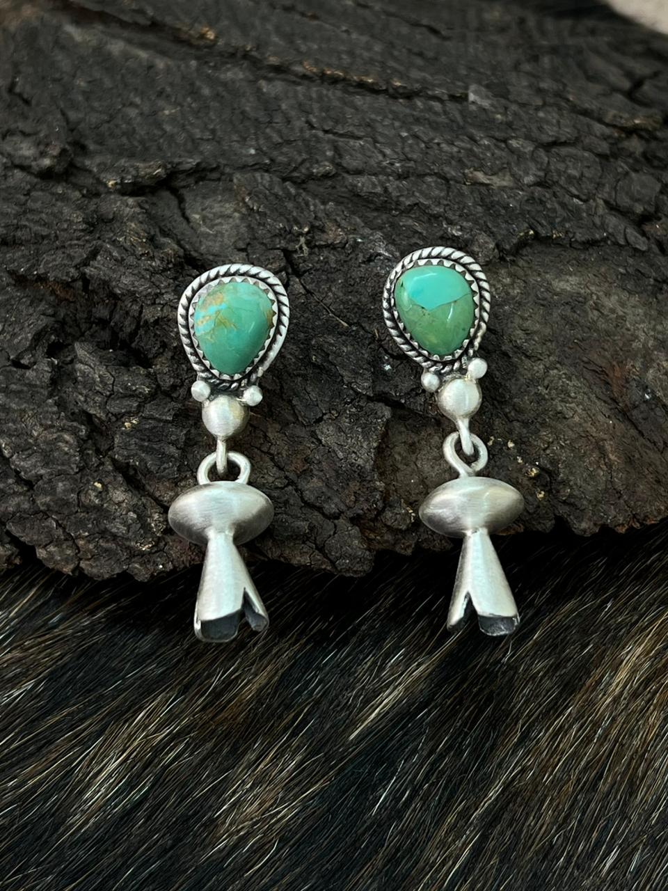 Handmade Sterling Silver Kingman Turquoise Post Dangle Earrings "Signed Nizhoni"
