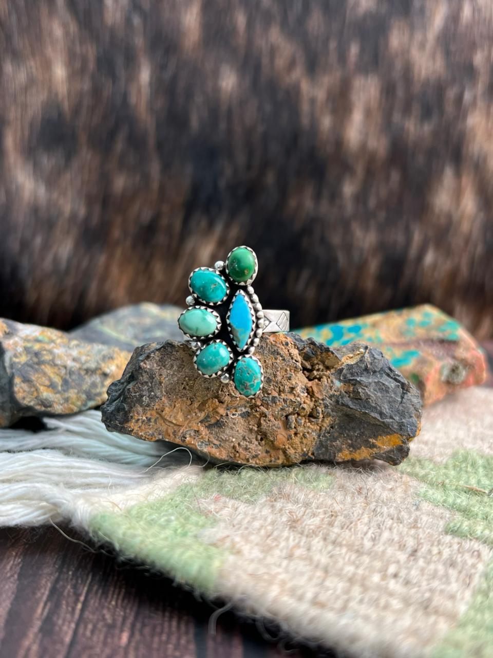 Handmade Sterling Silver Emerald Valley with Santa Maria Turquoise Adjustable Ring "Signed Nizhoni"