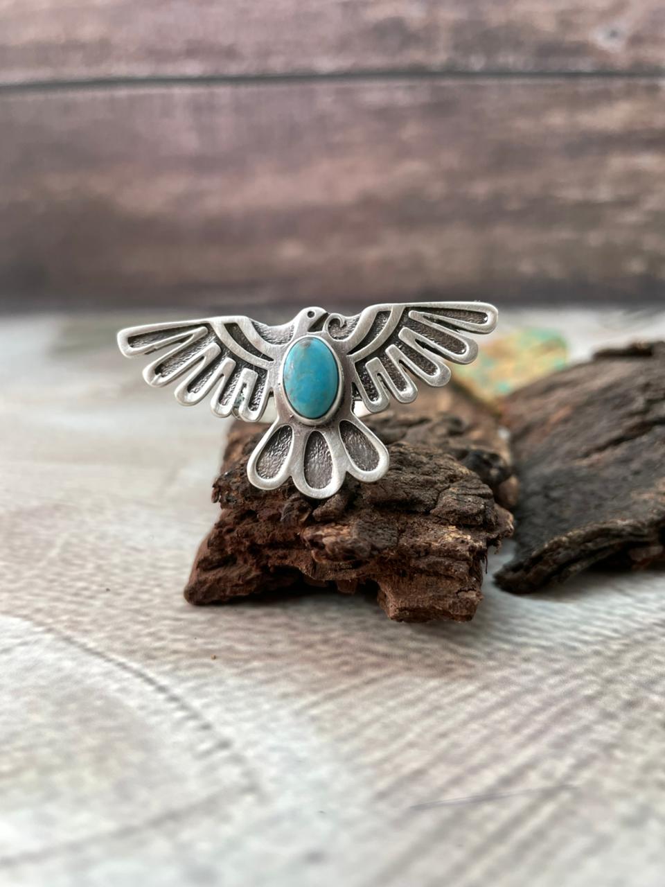 Handmade Sterling Silver Kingman Turquoise Adjustable Thunder Bird Ring "Signed Nizhoni"