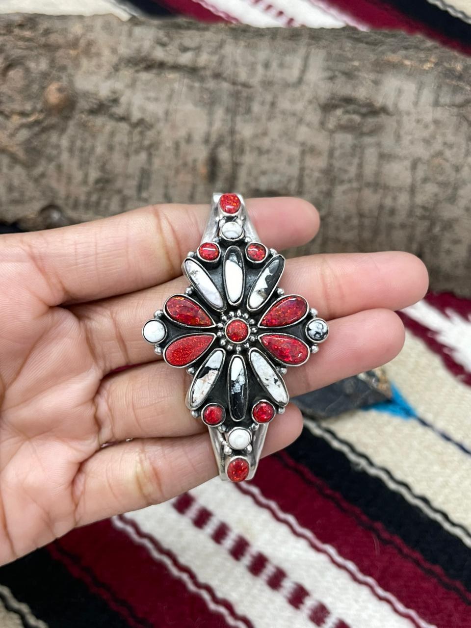 "Christmas Collection" Handmade Sterling Silver White Buffalo With Red Opal Cuff Bracelet "Signed Nizhoni"