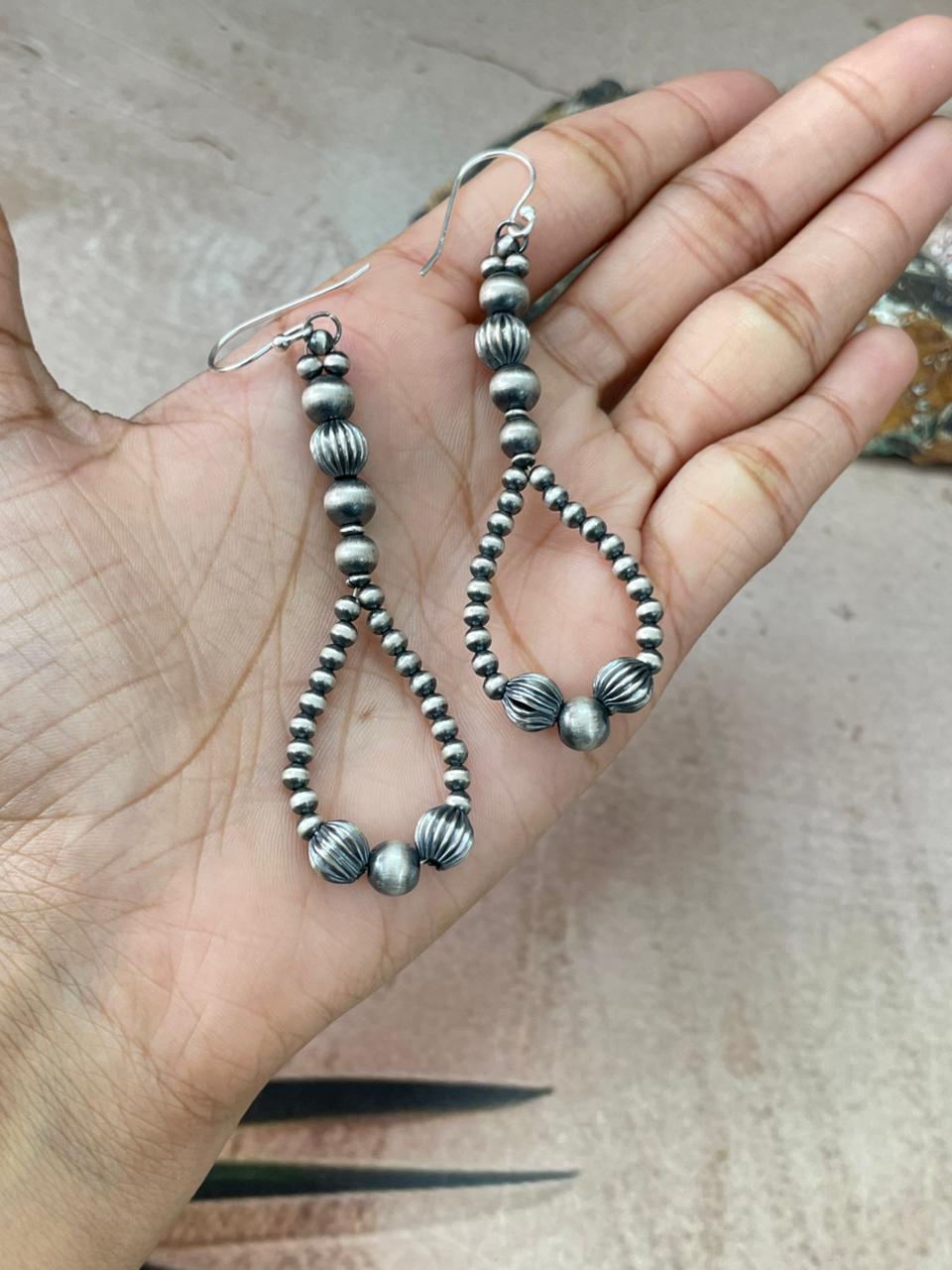 Handmade Sterling Silver Beaded Dangle Hook Earrings "Signed Nizhoni" (1)