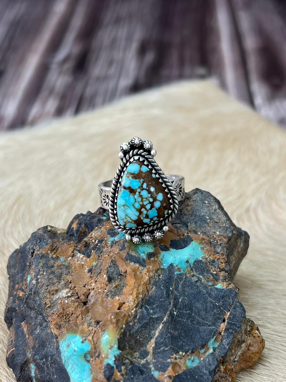 Handmade Sterling Silver Number 8 Turquoise Adjustable Ring "Signed Nizhoni"