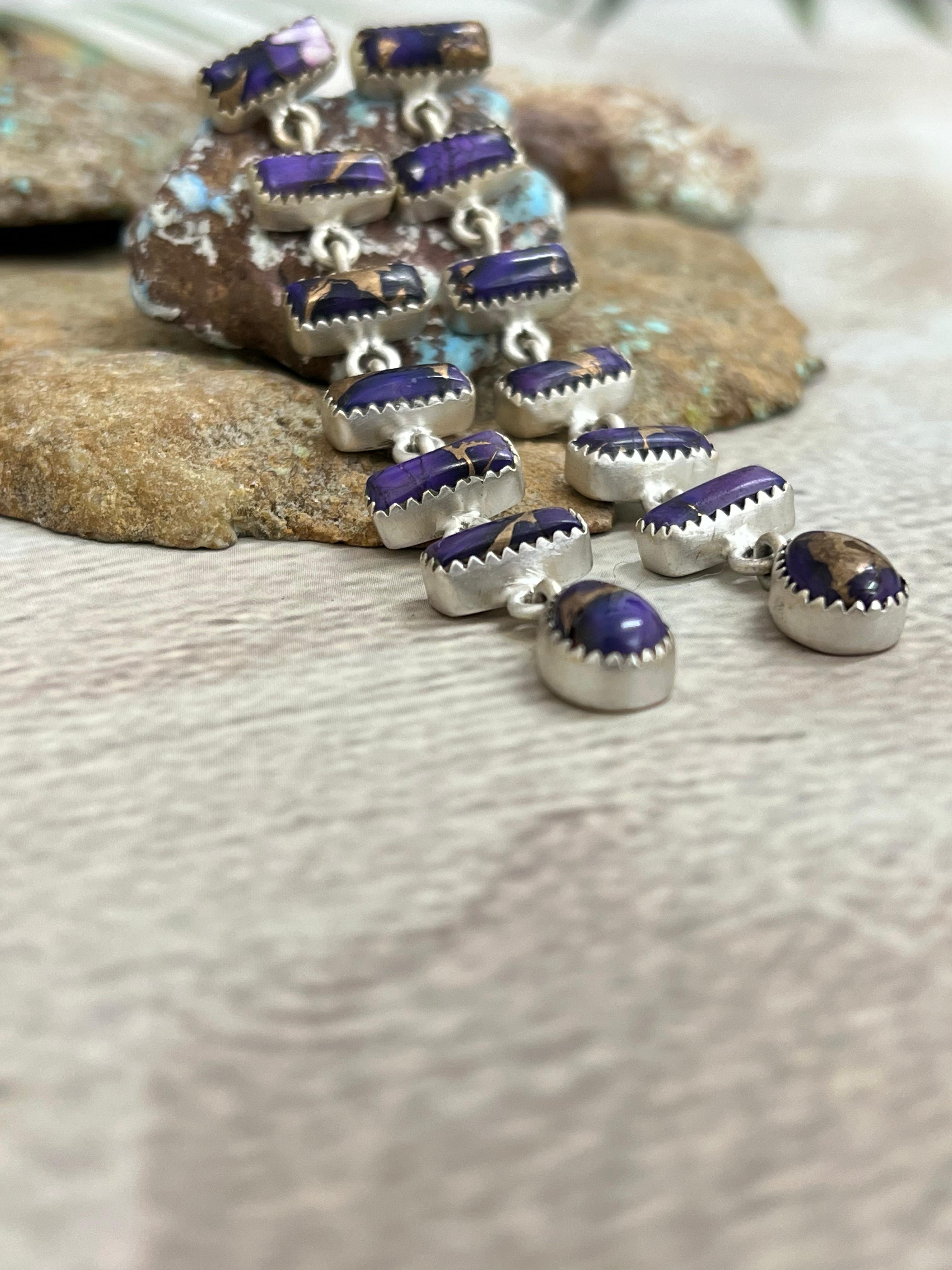 Handmade Sterling Silver Grape Dahlia Dangle Earrings with Signed Nizhoni