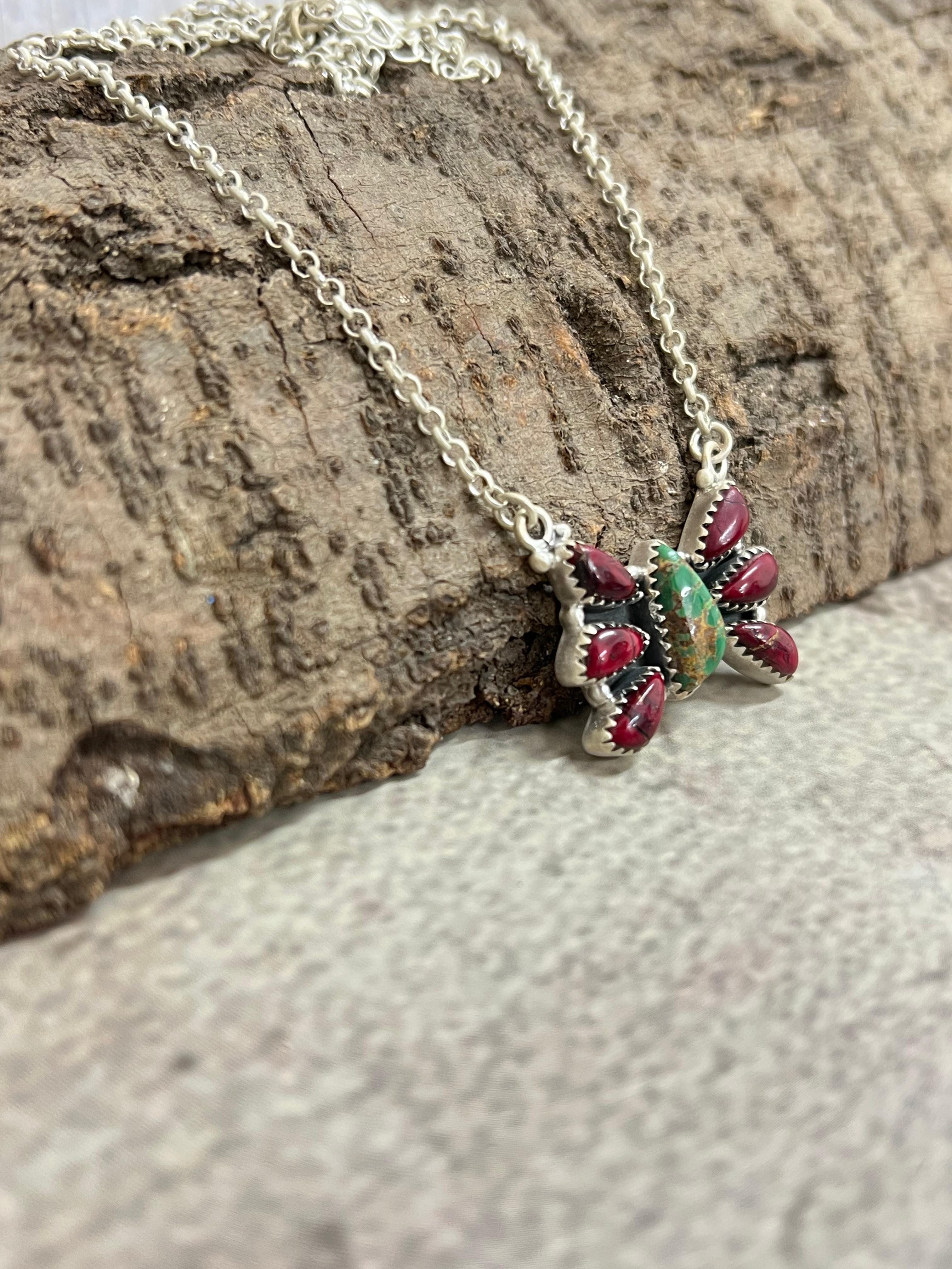 Handmade Sterling Silver Dahlia Rose with Emerald Valley Butterfly Necklace with Signed Nizhoni