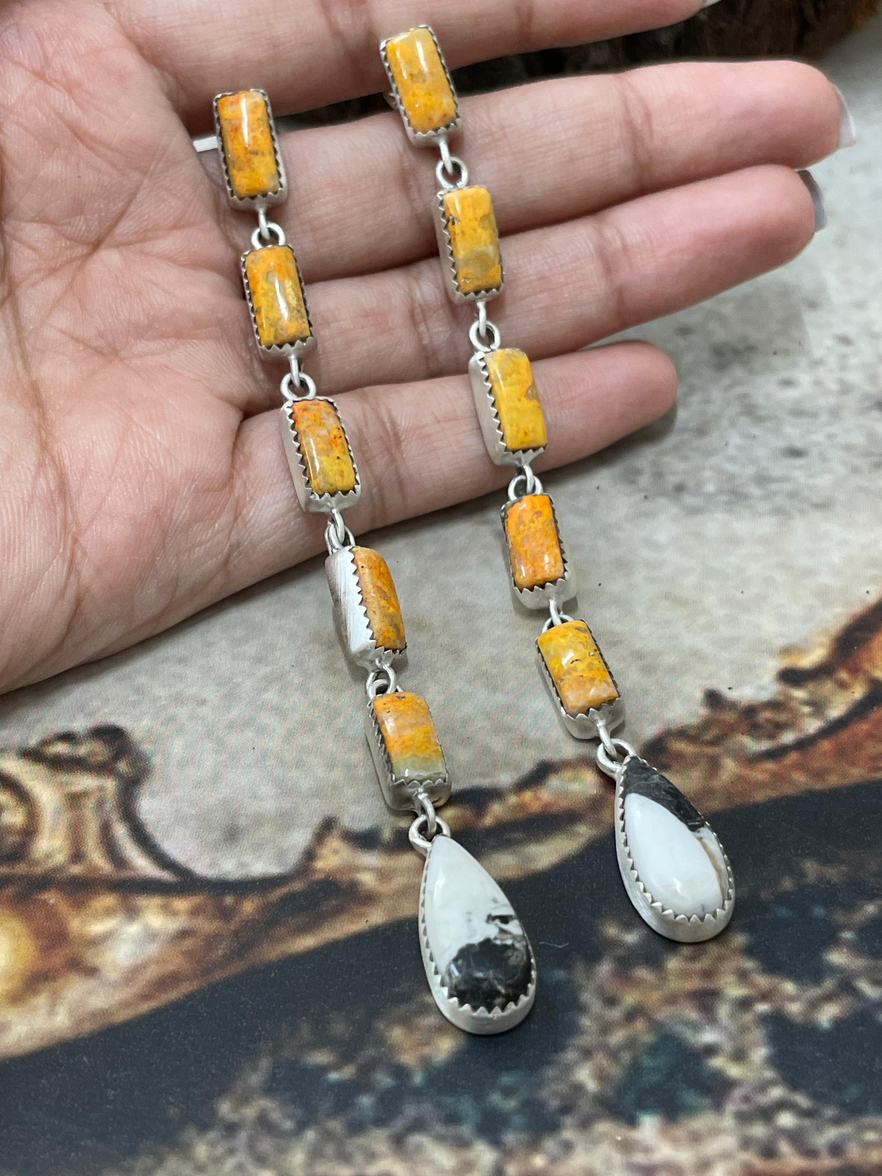 Handmade Sterling Silver White Buffalo, Bumblebee Post Dangle Earrings with Signed Nizhoni