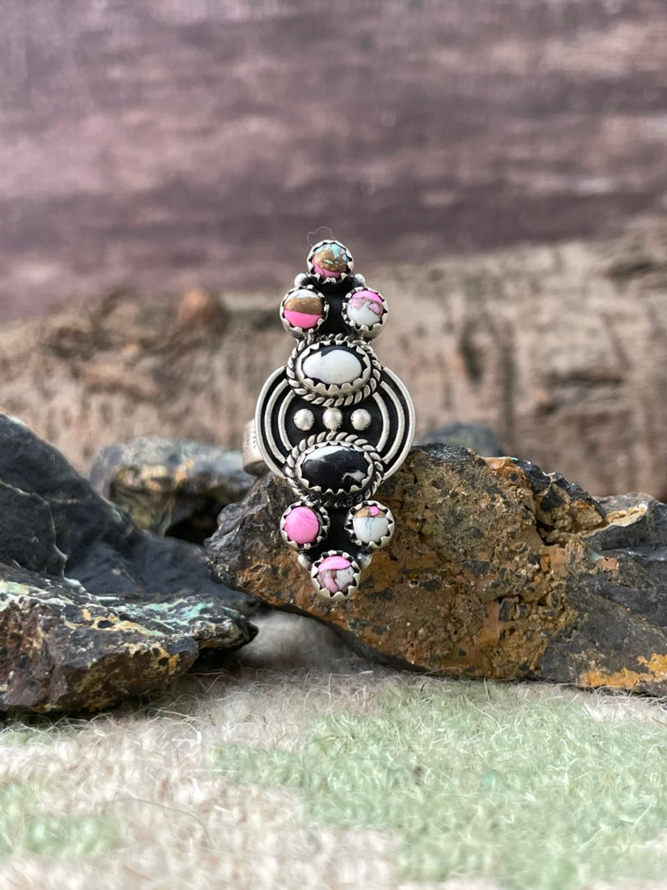 Handmade Sterling Silver White Buffalo with Cotton Candy Adjustable Ring "Signed Nizhoni"