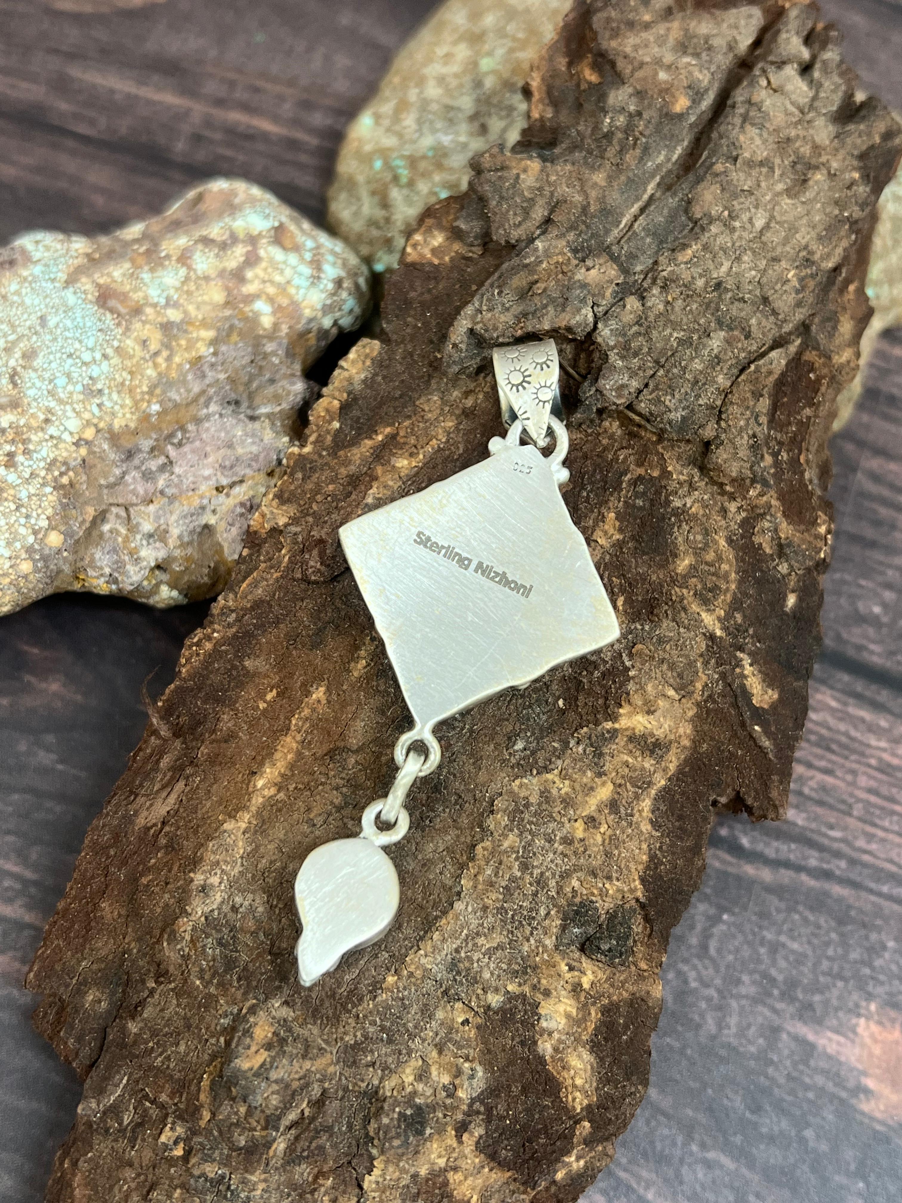 Handmade Sterling Silver Kingman Turquoise Pendant with Signed Nizhoni
