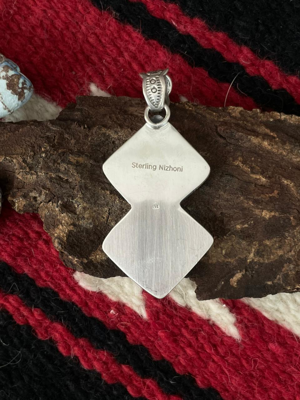 Handmade Sterling Silver Dahlia Rose with Emerald Valley Turquoise Pendant "Signed Nizhoni"