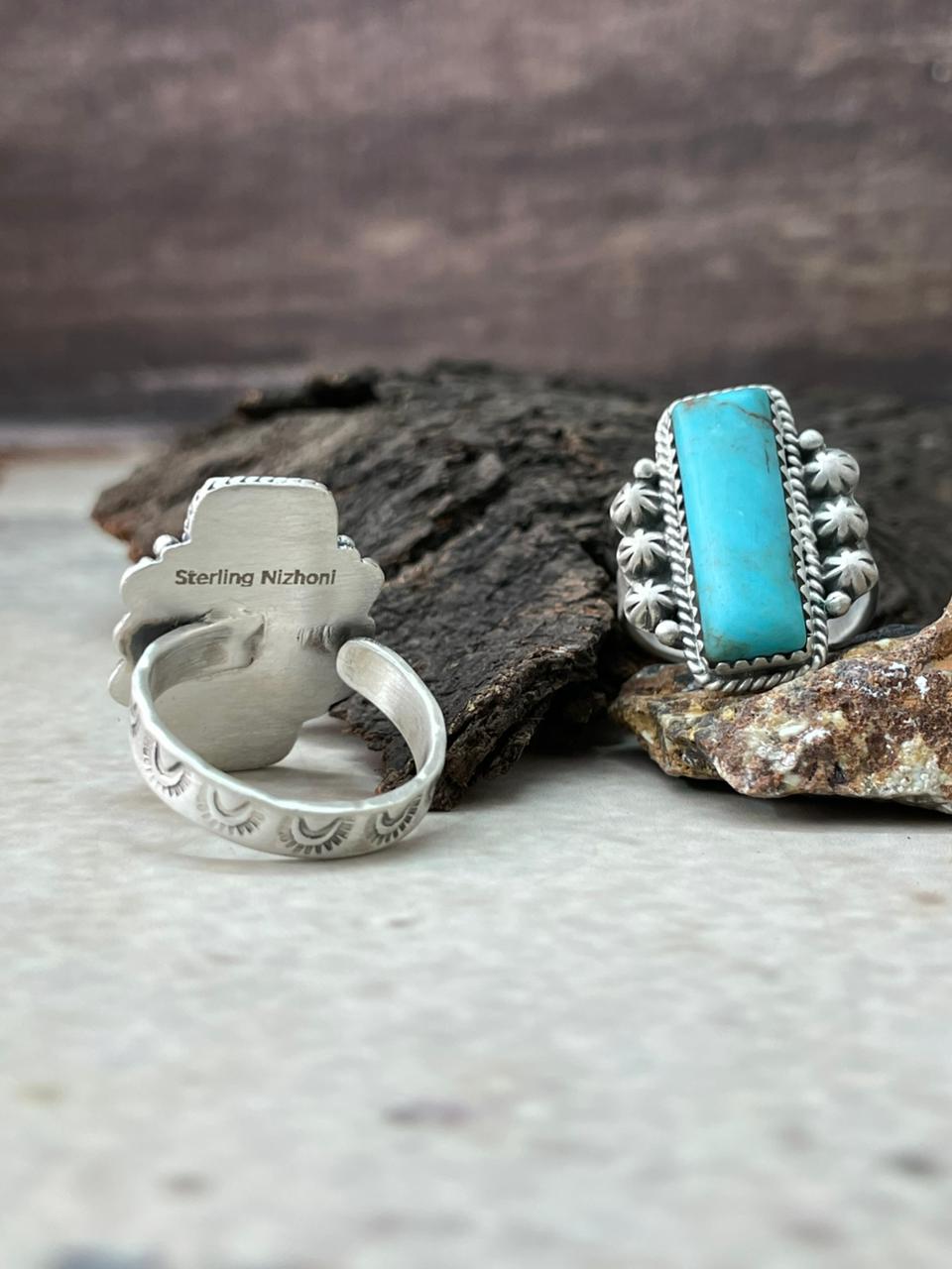 Handmade Sterling Silver Blue Turquoise Adjustable Ring "Signed Nizhoni"
