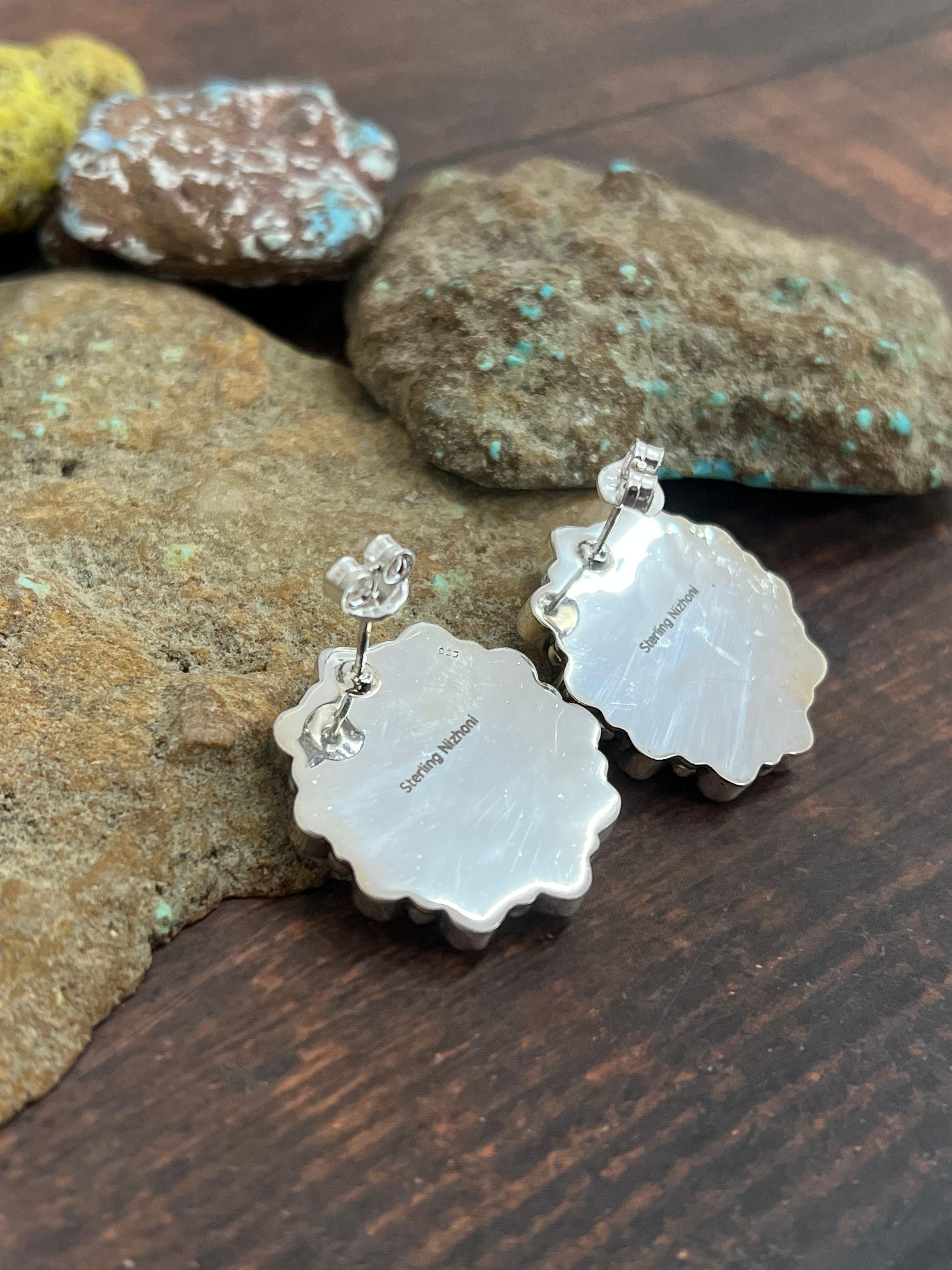 ** 4TH OF JULY ** Handmade Sterling Silver Synthetic Opal Post Earrings with Signed Nizhoni