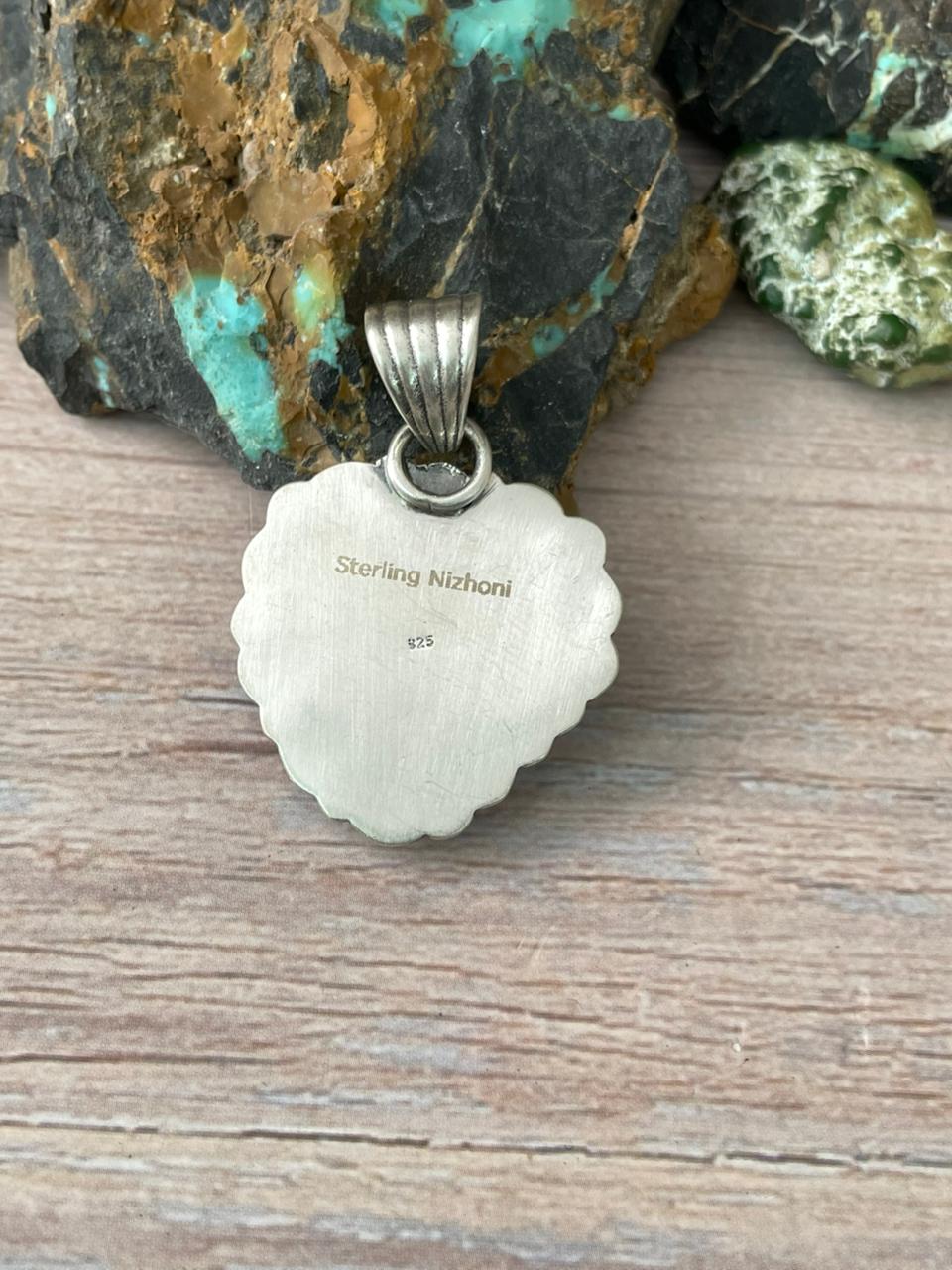 Handmade Sterling Silver Mantis Turquoise Heart Pendant " Signed Nizhoni"