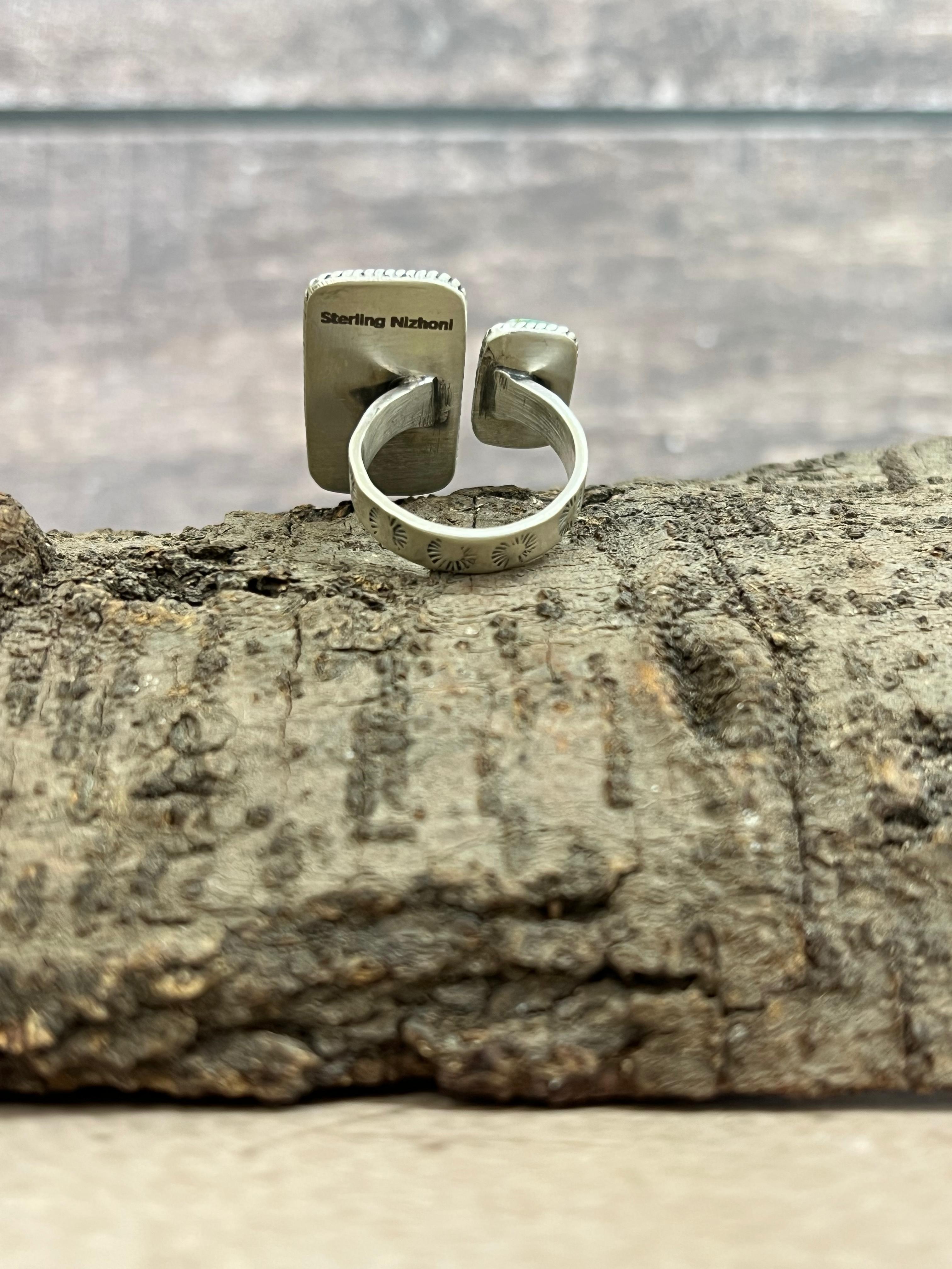 Handmade Sterling Silver Kingman Turquoise Adjustable Ring with Signed Nizhoni