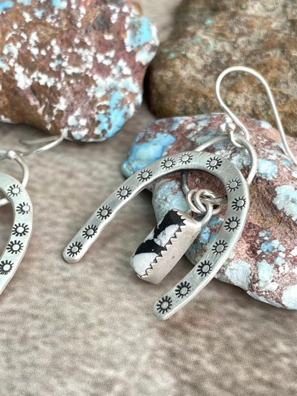 Handmade Sterling Silver White Buffalo Horseshoe Wire Dangle Earrings with Signed Nizhoni