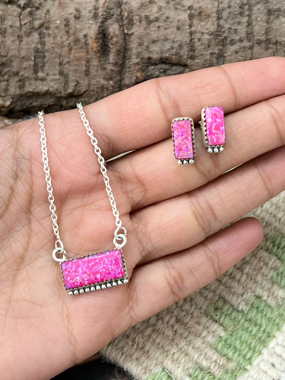 Handmade Sterling Silver Hot Pink Bar Necklace Earrings Set "Signed Nizhoni"