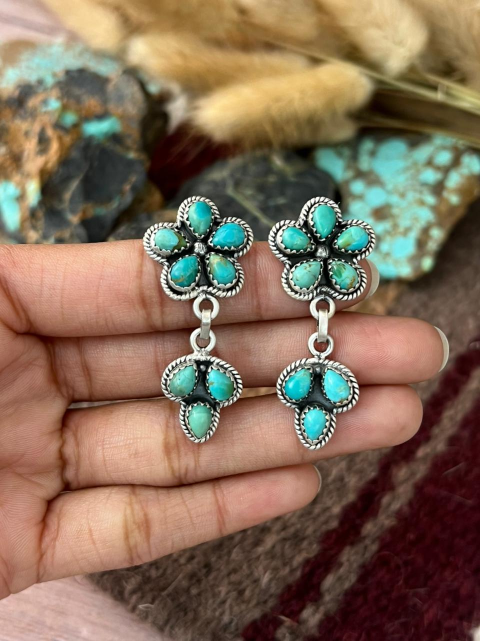 Handmade Sterling Silver Kingman Turquoise Post Dangle Earrings "Signed Nizhoni"