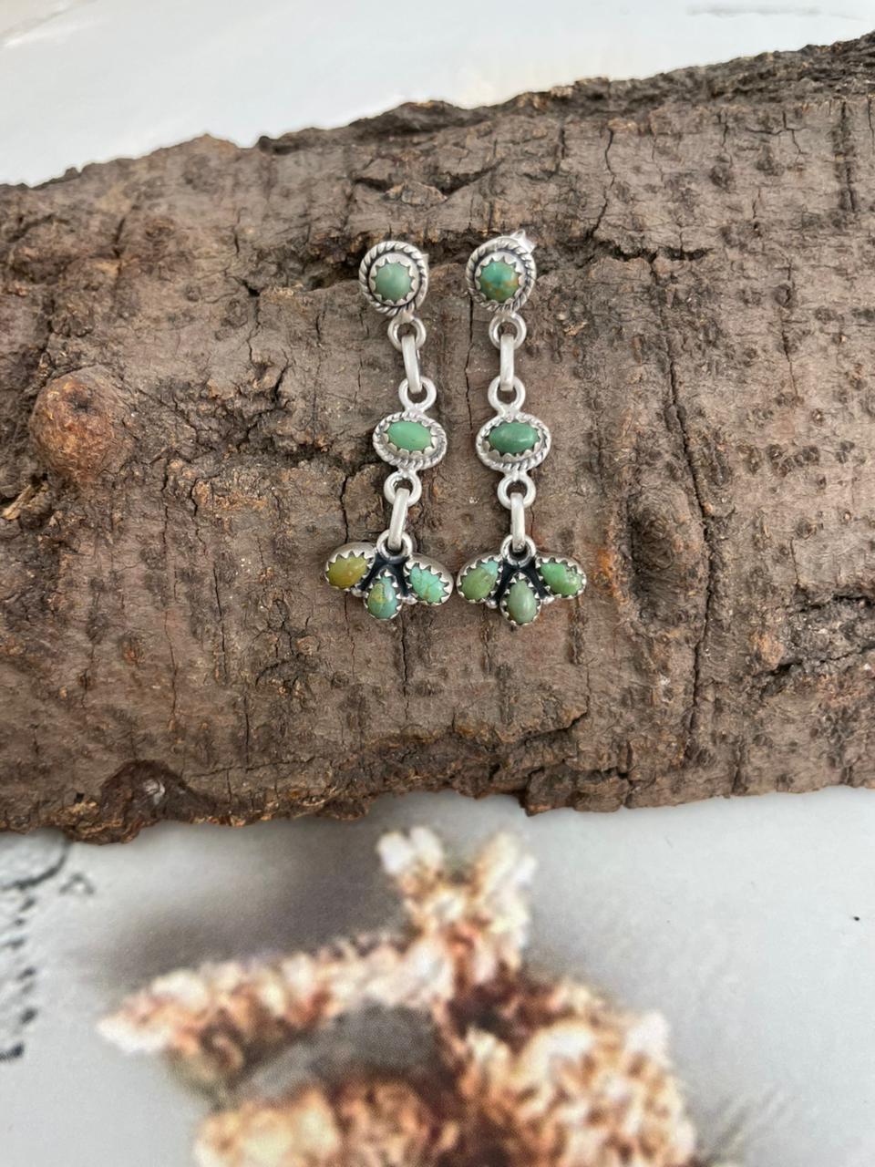 Handmade Sterling Silver Kingman Turquoise Post Dangle Earrings "Signed Nizhoni"