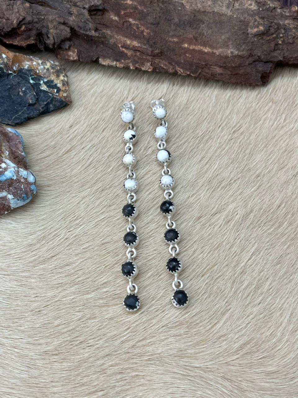 Handmade Sterling Silver White Buffalo Post Dangle Earrings "Signed Nizhoni" (4)