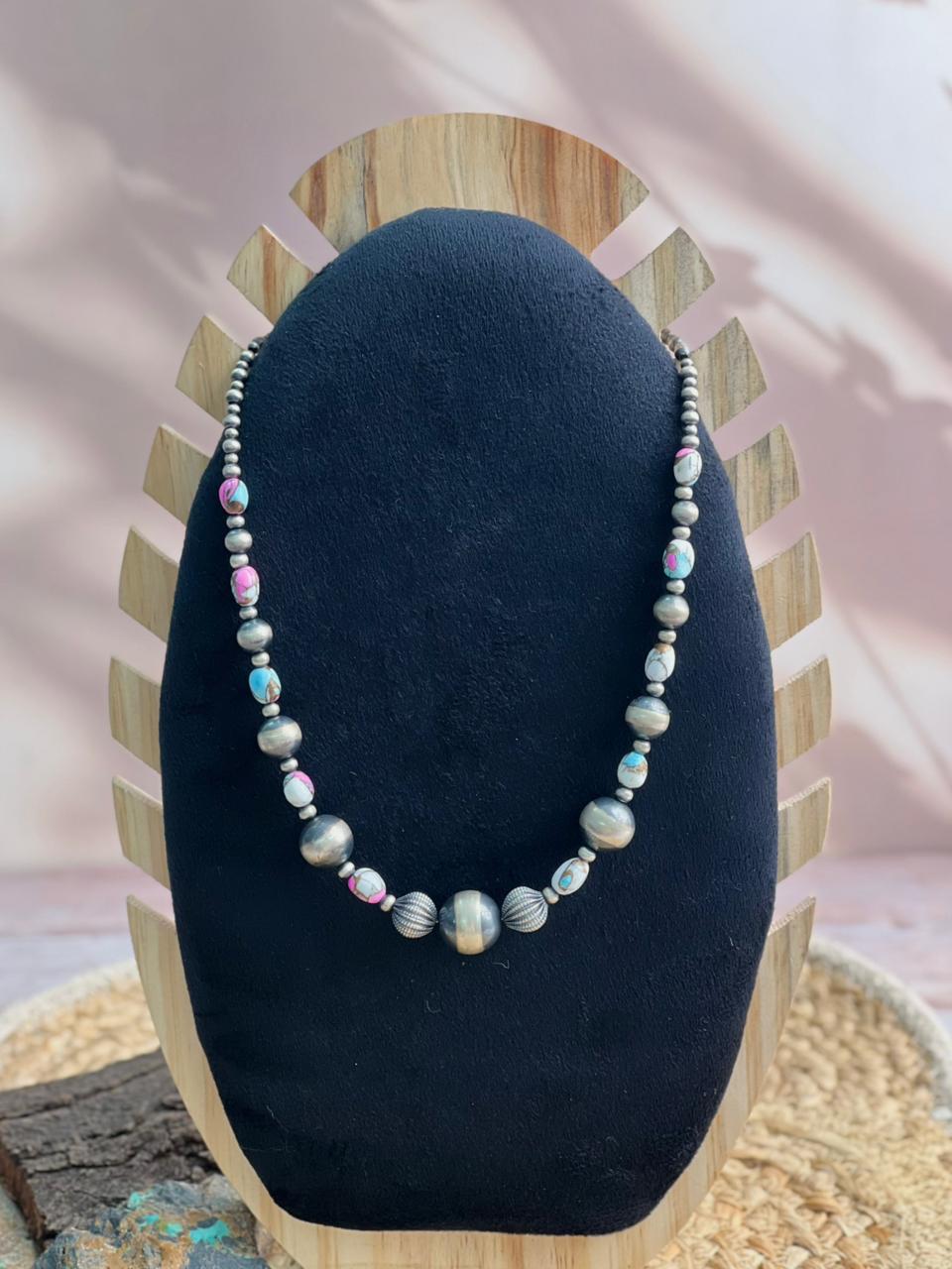 Handmade Sterling Silver Beaded Cotton Candy Necklace "Signed Nizhoni"