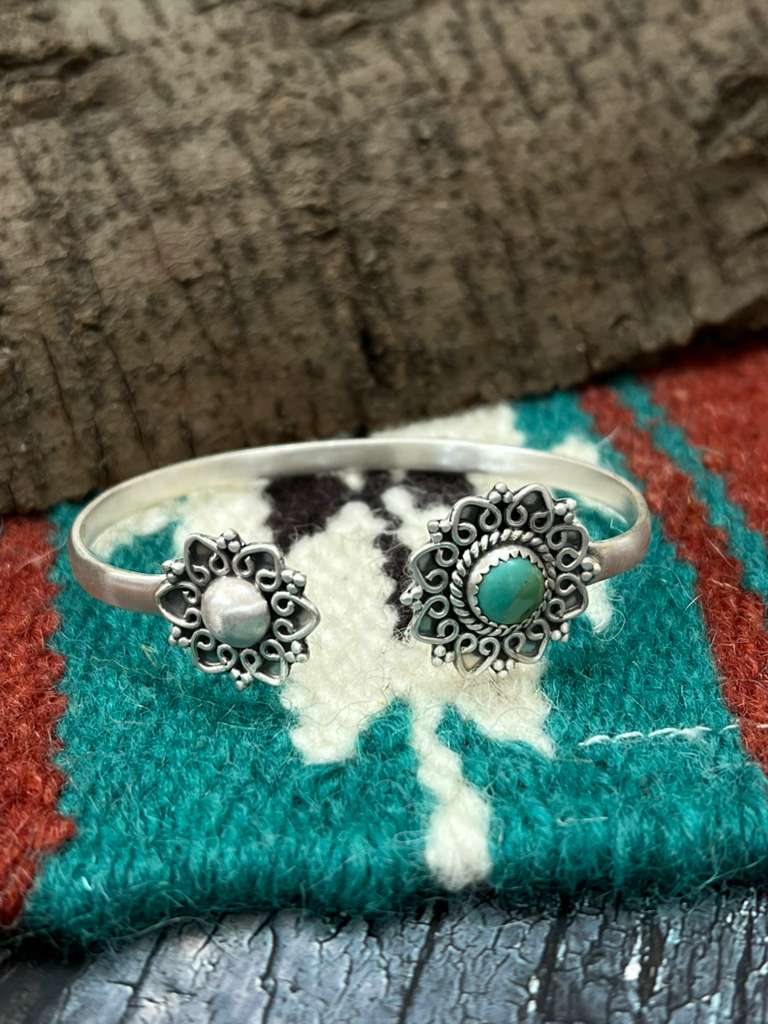 Handmade Sterling Silver Kingman Turquoise Bracelet with Signed Nizhoni