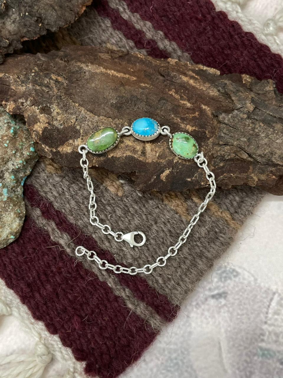 Handmade Sterling Silver Multi Stone Chain Bracelet "Signed Nizhoni"