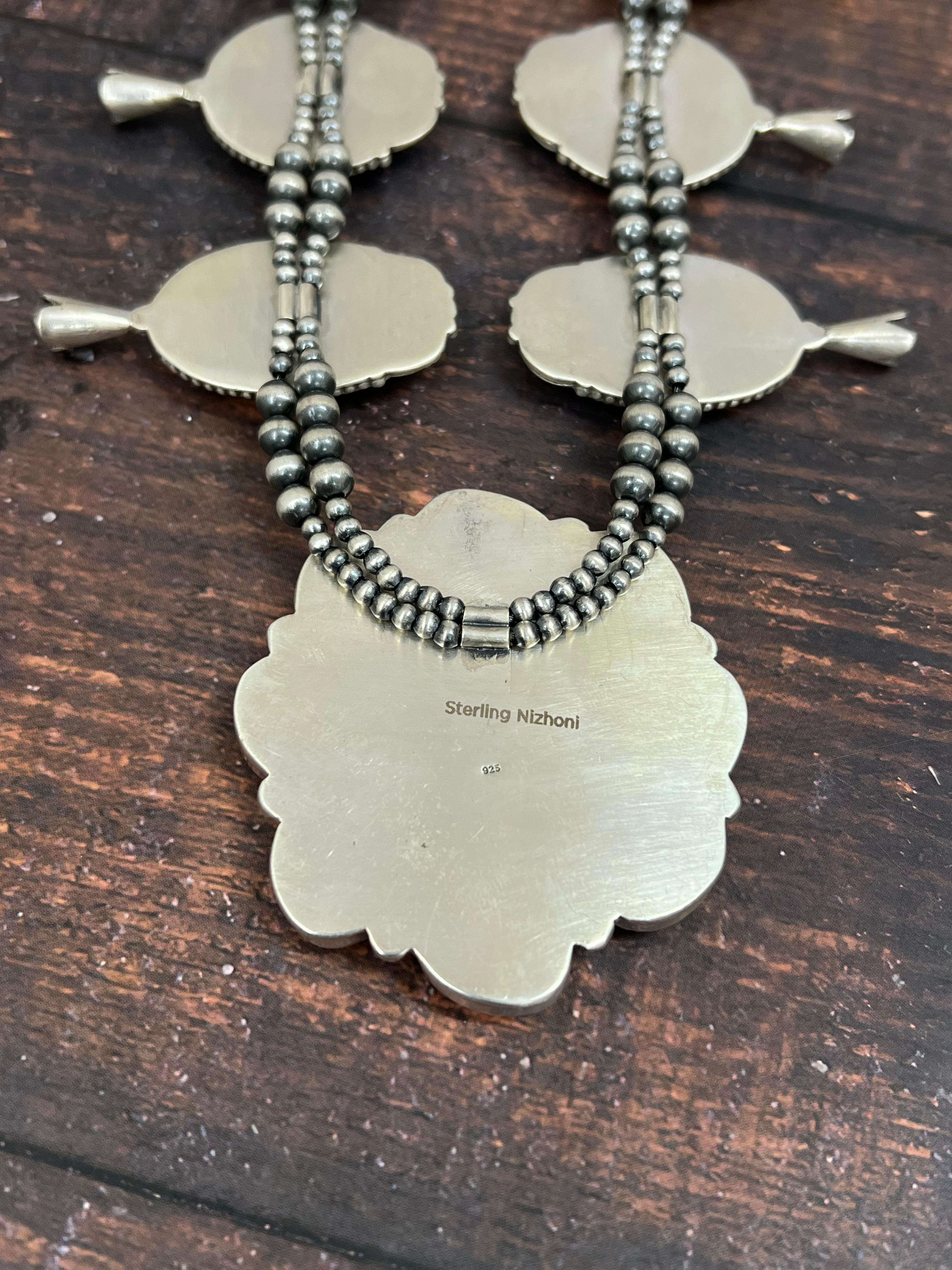 Handmade Sterling Silver Peacock Dahlia Beaded Necklace with Signed Nizhoni