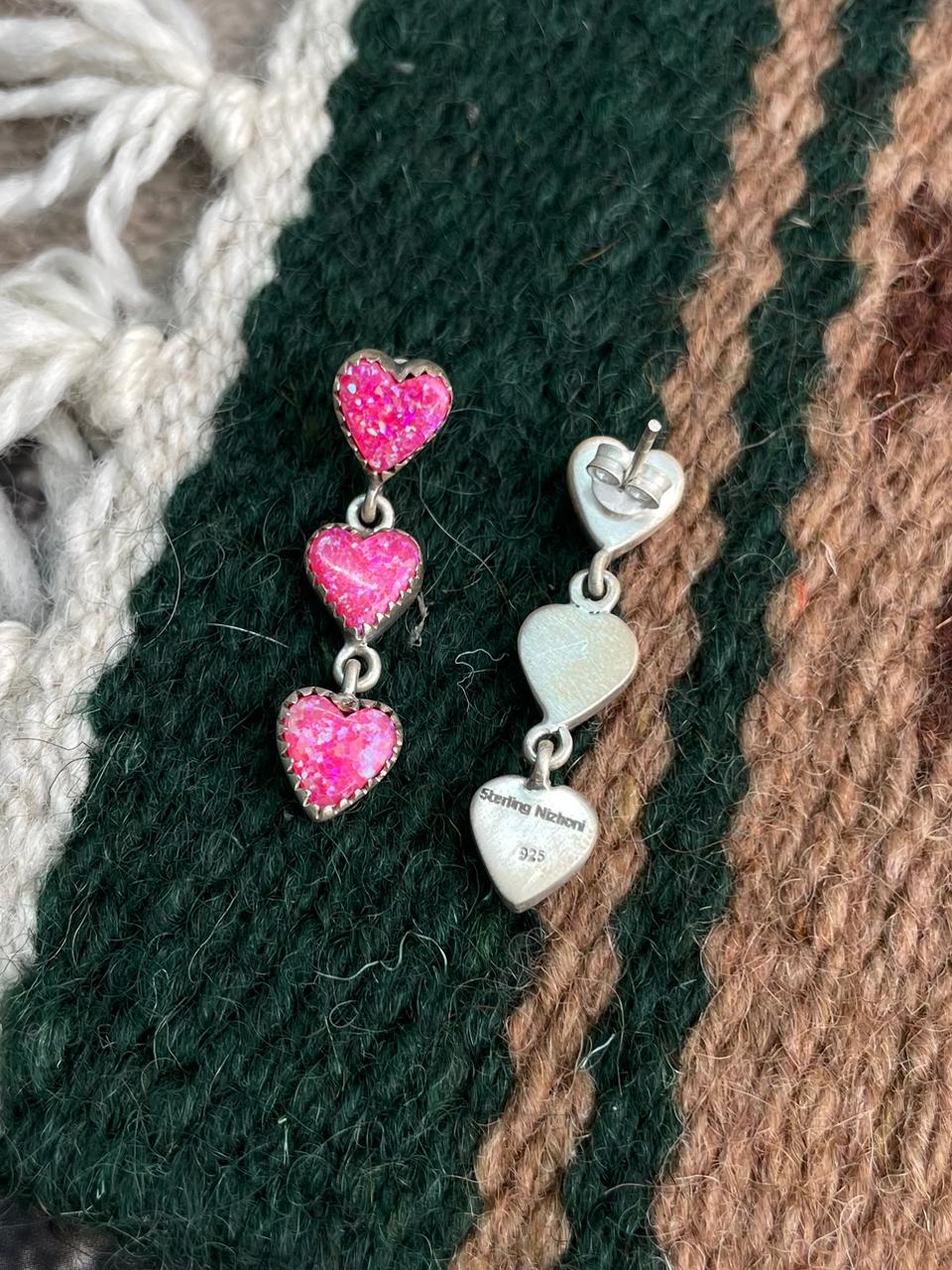 Handmade Sterling Silver Hot Pink Heart Post Dangle Earrings "Signed Nizhoni"