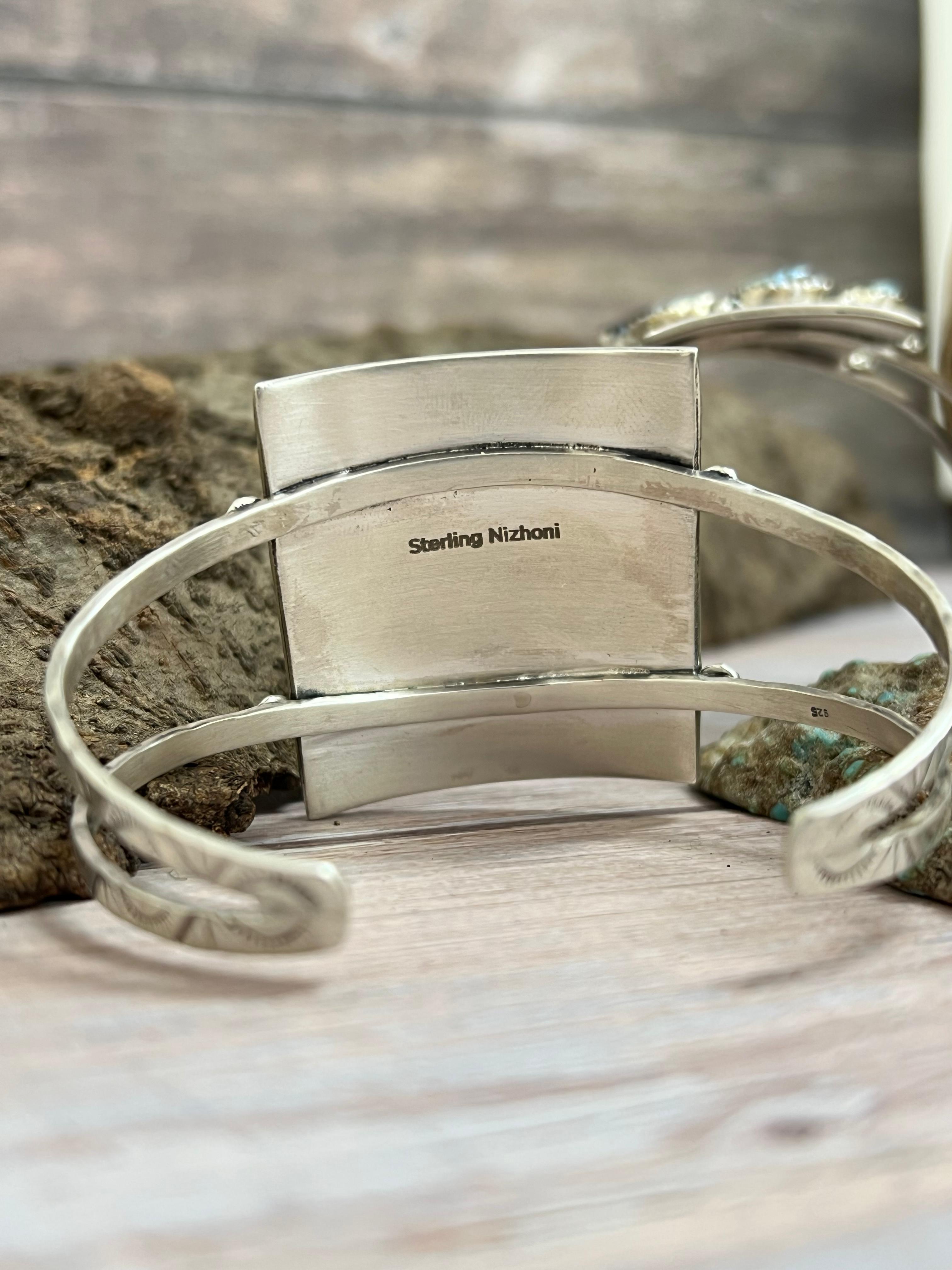 Handmade Sterling Silver Golden Hill, Sonoran Mountain Turquoise Rectangle Bracelet with Signed Nizhoni /