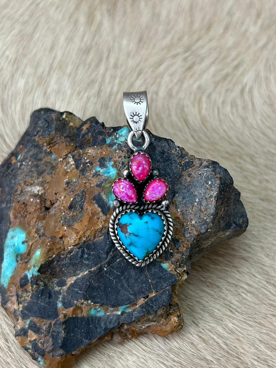 Handmade Sterling Silver Arizona Blue Turquoise with Hot Pink Pendant "Signed Nizhoni"
