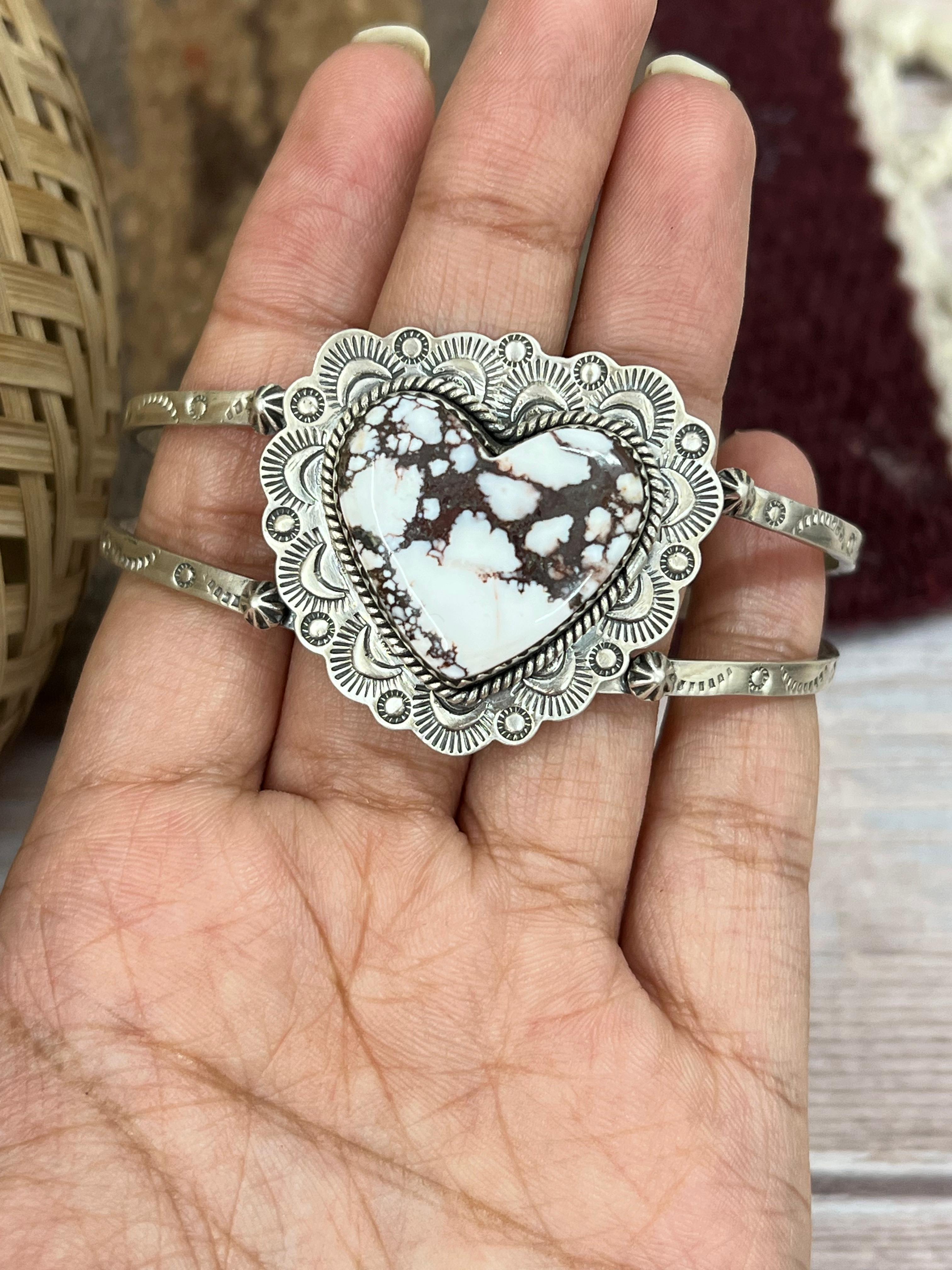 Handmade Sterling Silver Wild Horse Cuff Heart Bracelet with Signed Nizhoni