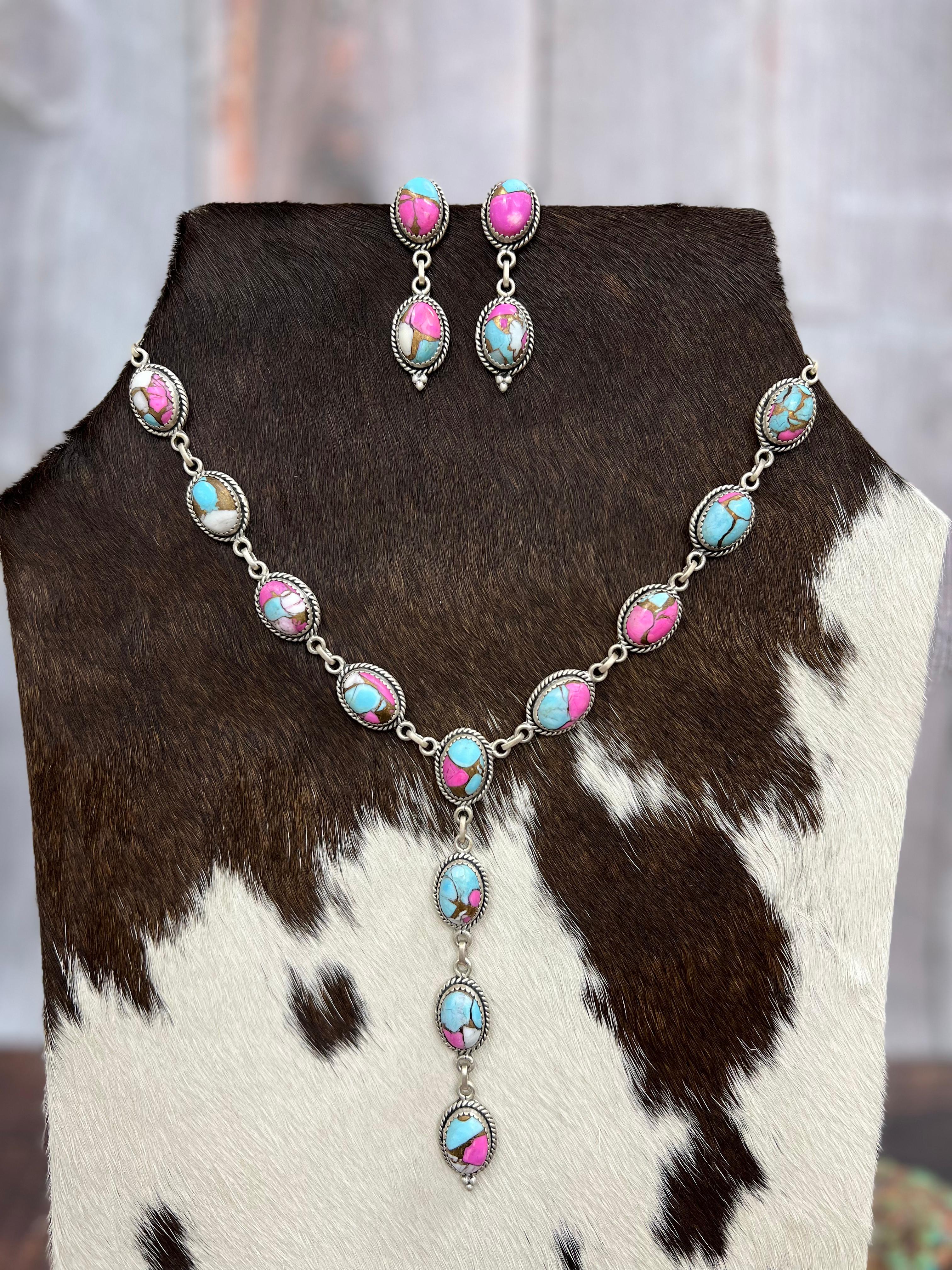 Handmade Sterling Silver Cotton Candy Turquoise Necklace Earrings Set with Signed Nizhoni