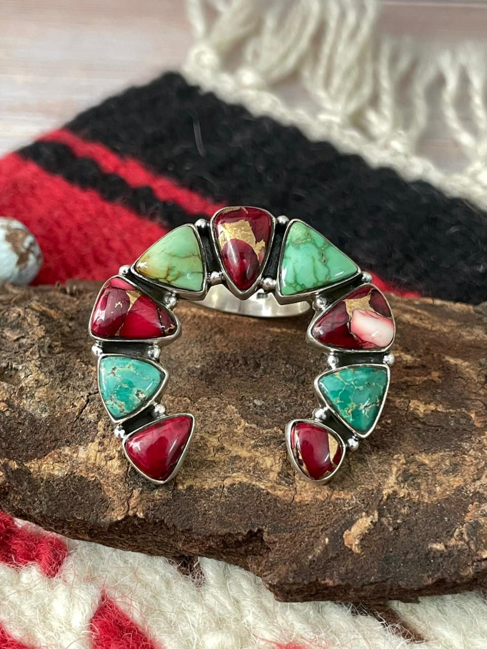 Handmade Sterling Silver Dahlia Rose With Emerald Valley Turquoise Ring "Signed Nizhoni"