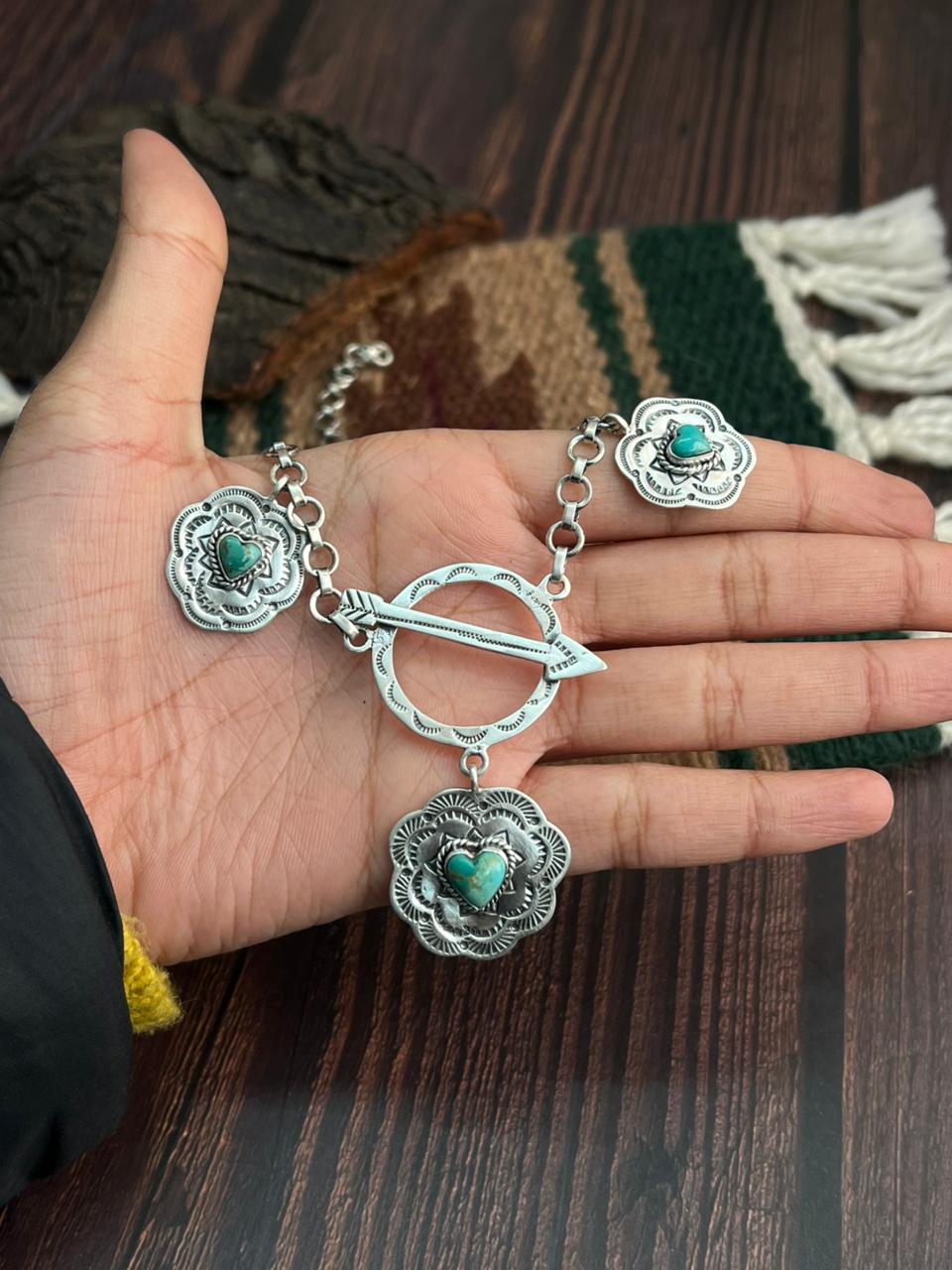 "Heart Collection" Handmade Sterling Silver Kingman Turquoise Necklace "Signed Nizhoni"