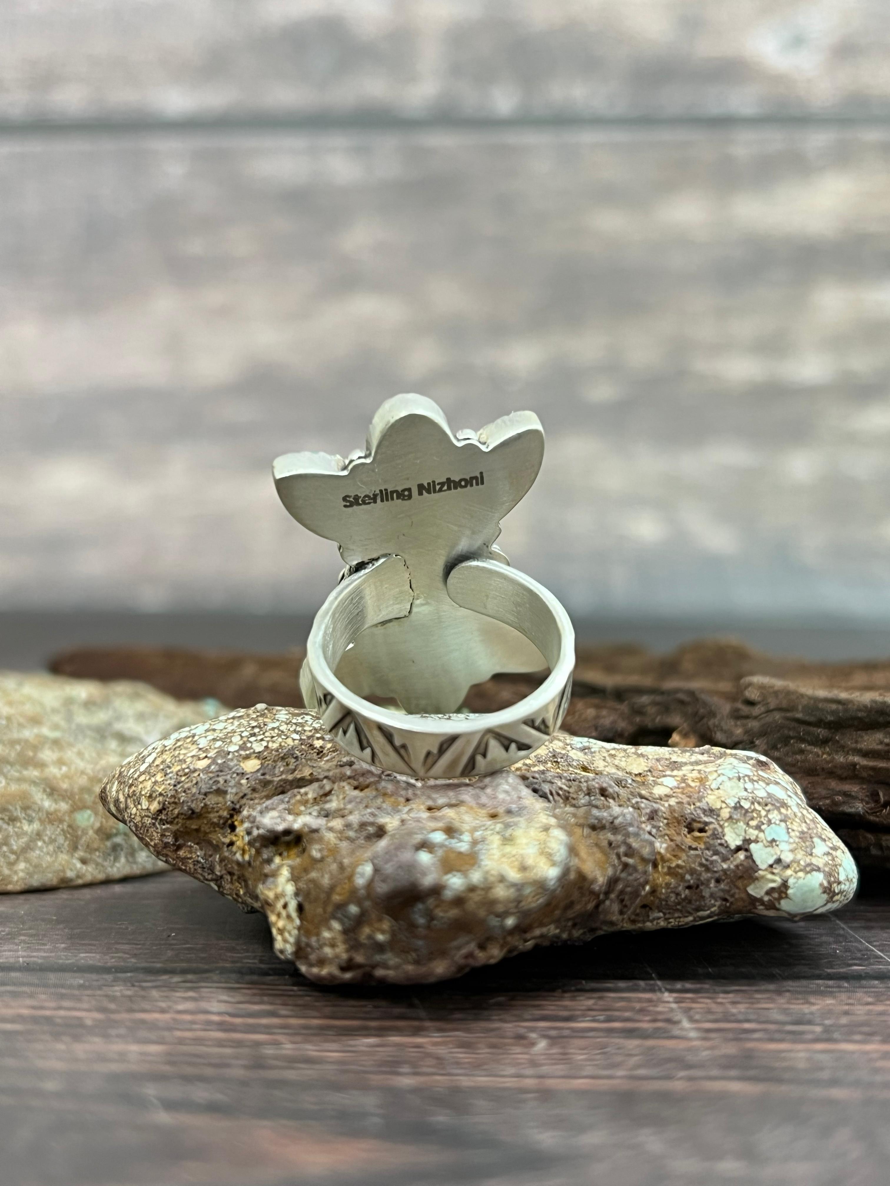 Handmade Sterling Silver Kingman Turquoise Adjustable Ring with Signed Nizhoni